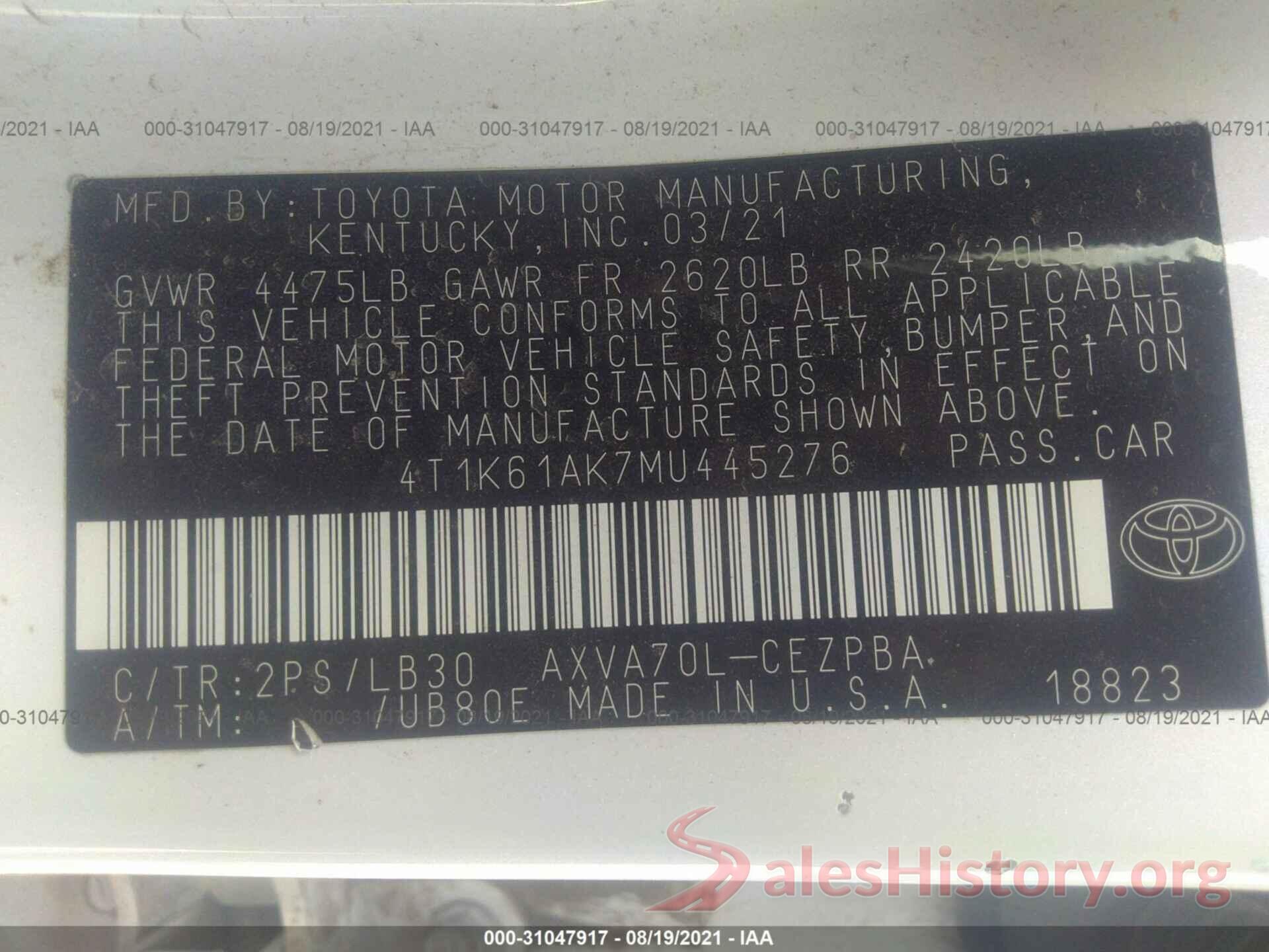 4T1K61AK7MU445276 2021 TOYOTA CAMRY