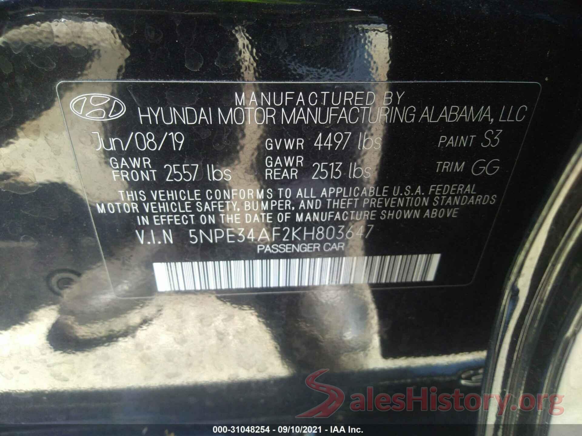 5NPE34AF2KH803647 2019 HYUNDAI SONATA