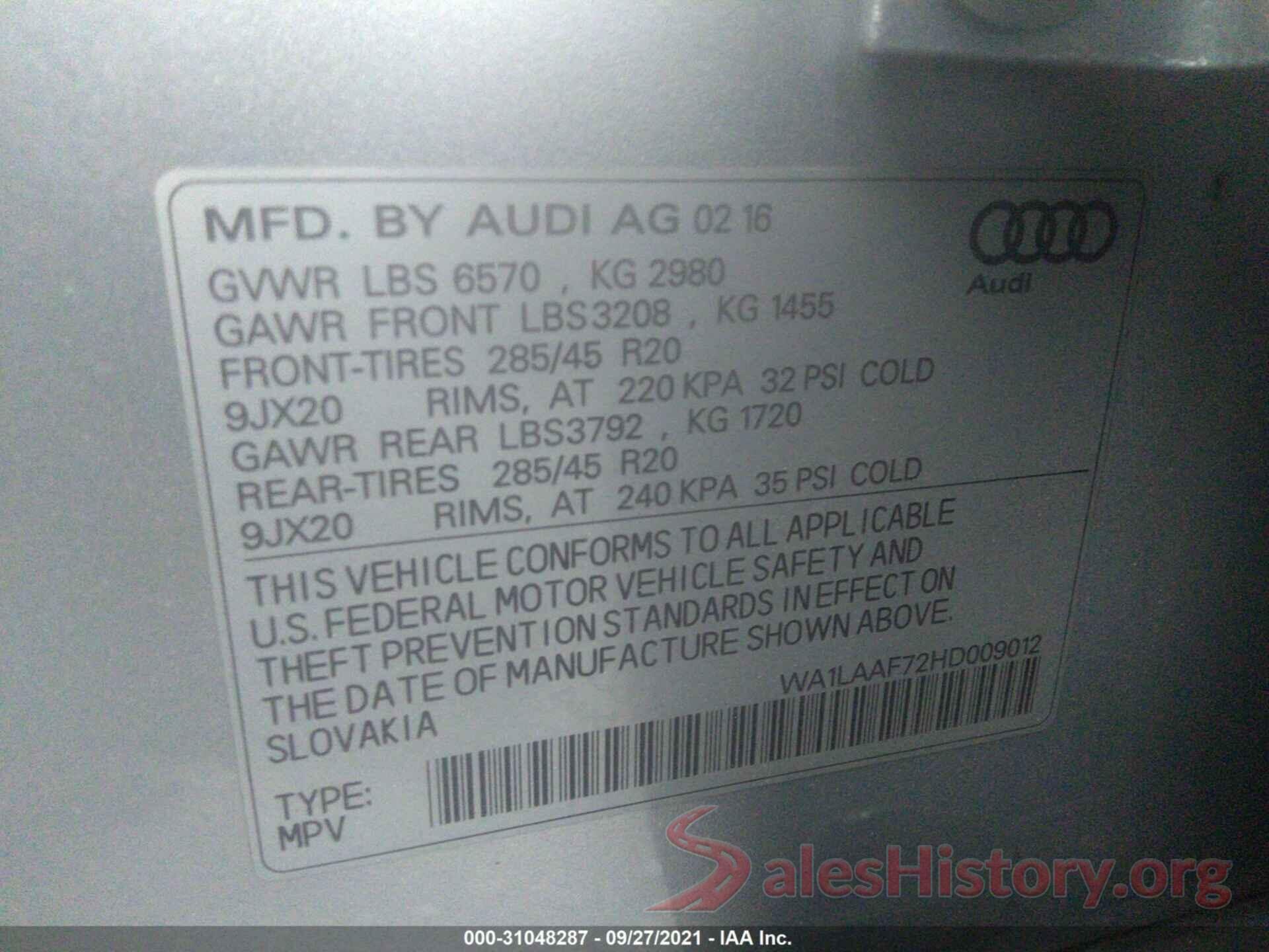 WA1LAAF72HD009012 2017 AUDI Q7