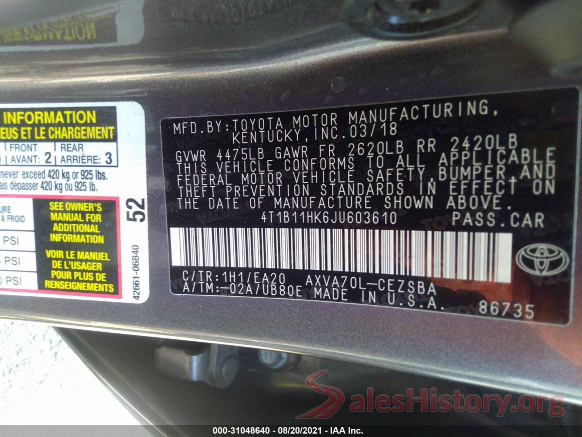 4T1B11HK6JU603610 2018 TOYOTA CAMRY