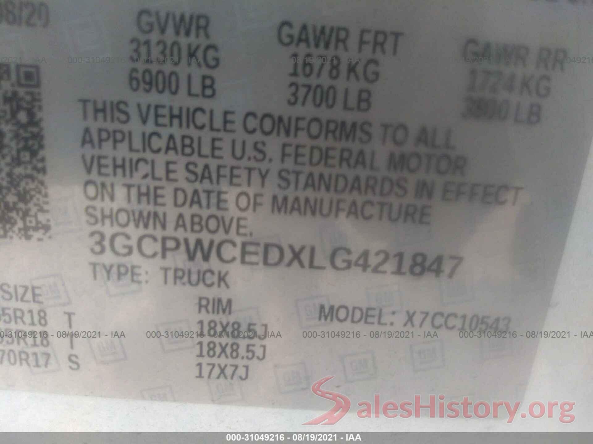 3GCPWCEDXLG421847 2020 CHEVROLET SILVERADO 1500