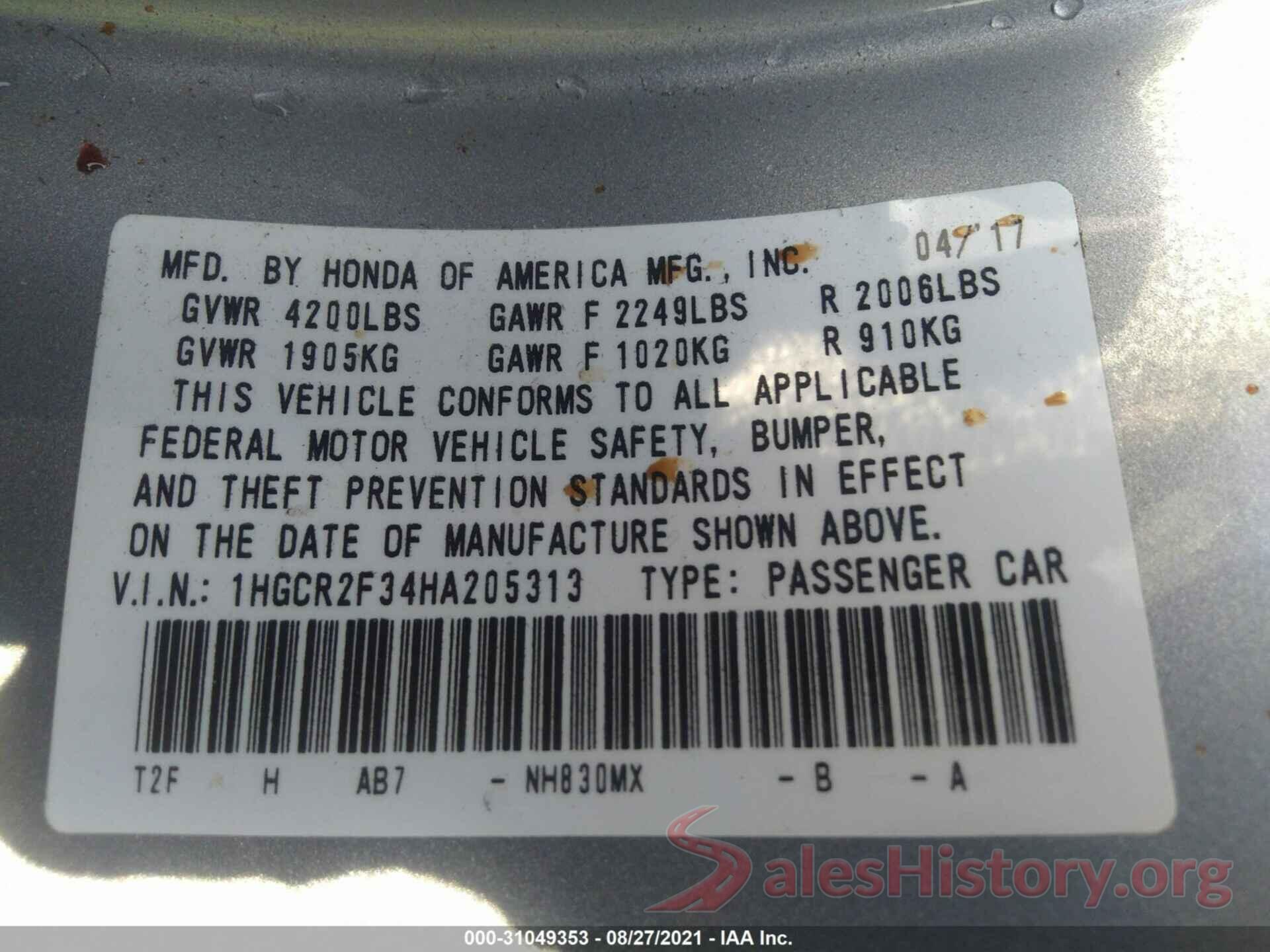 1HGCR2F34HA205313 2017 HONDA ACCORD SEDAN