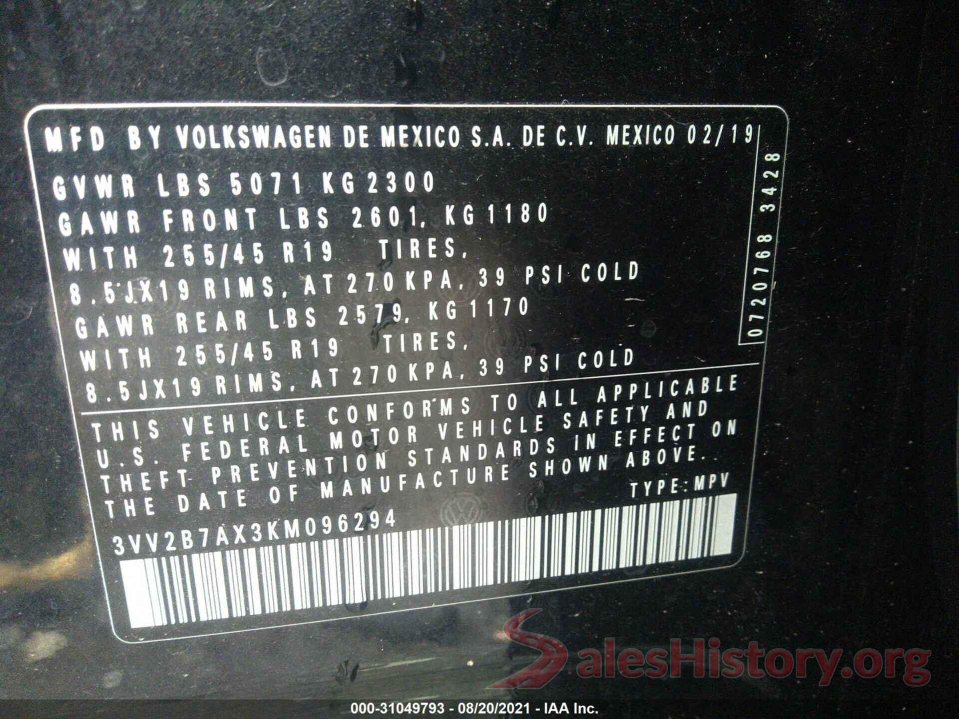 3VV2B7AX3KM096294 2019 VOLKSWAGEN TIGUAN