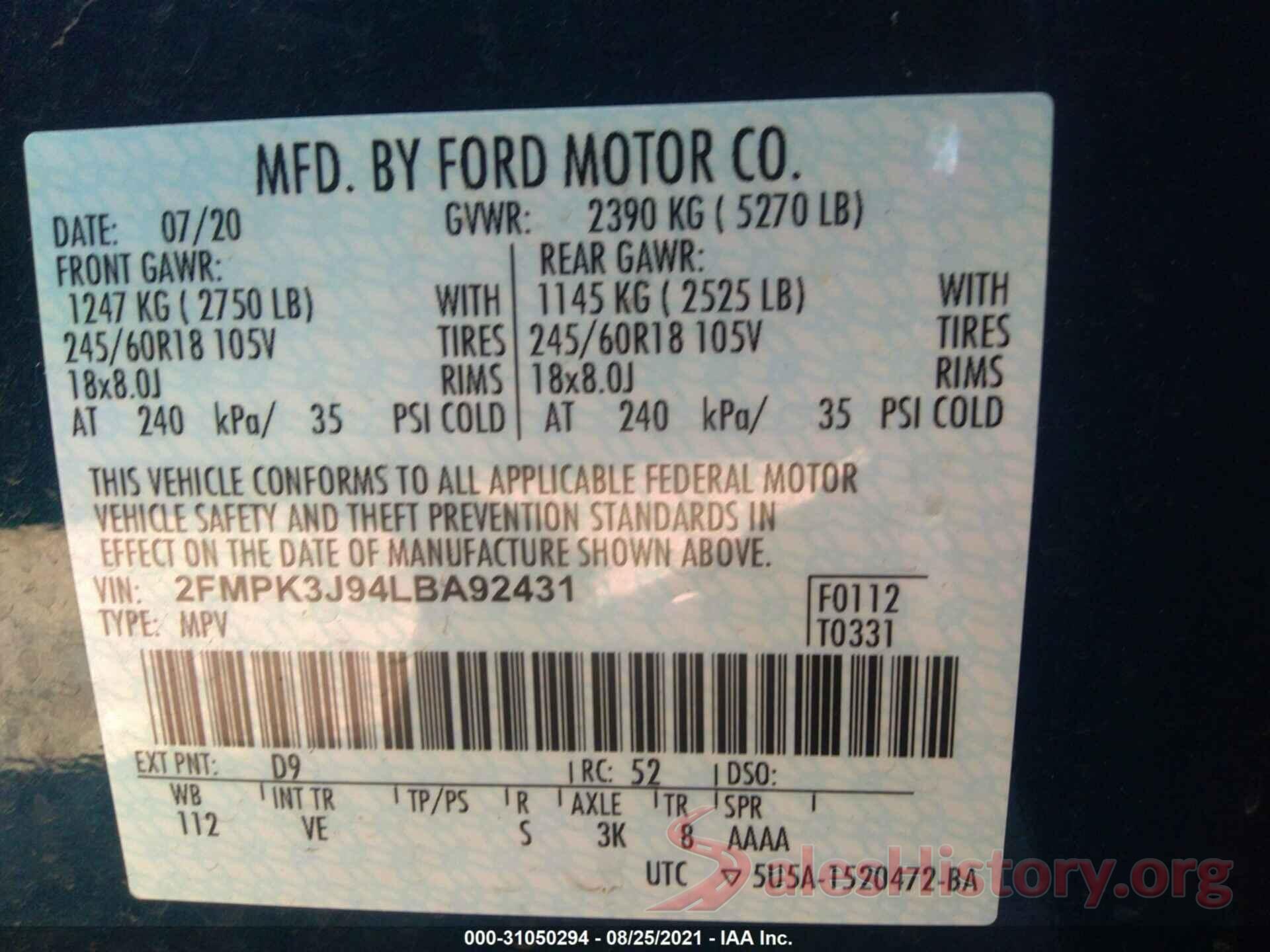 2FMPK3J94LBA92431 2020 FORD EDGE