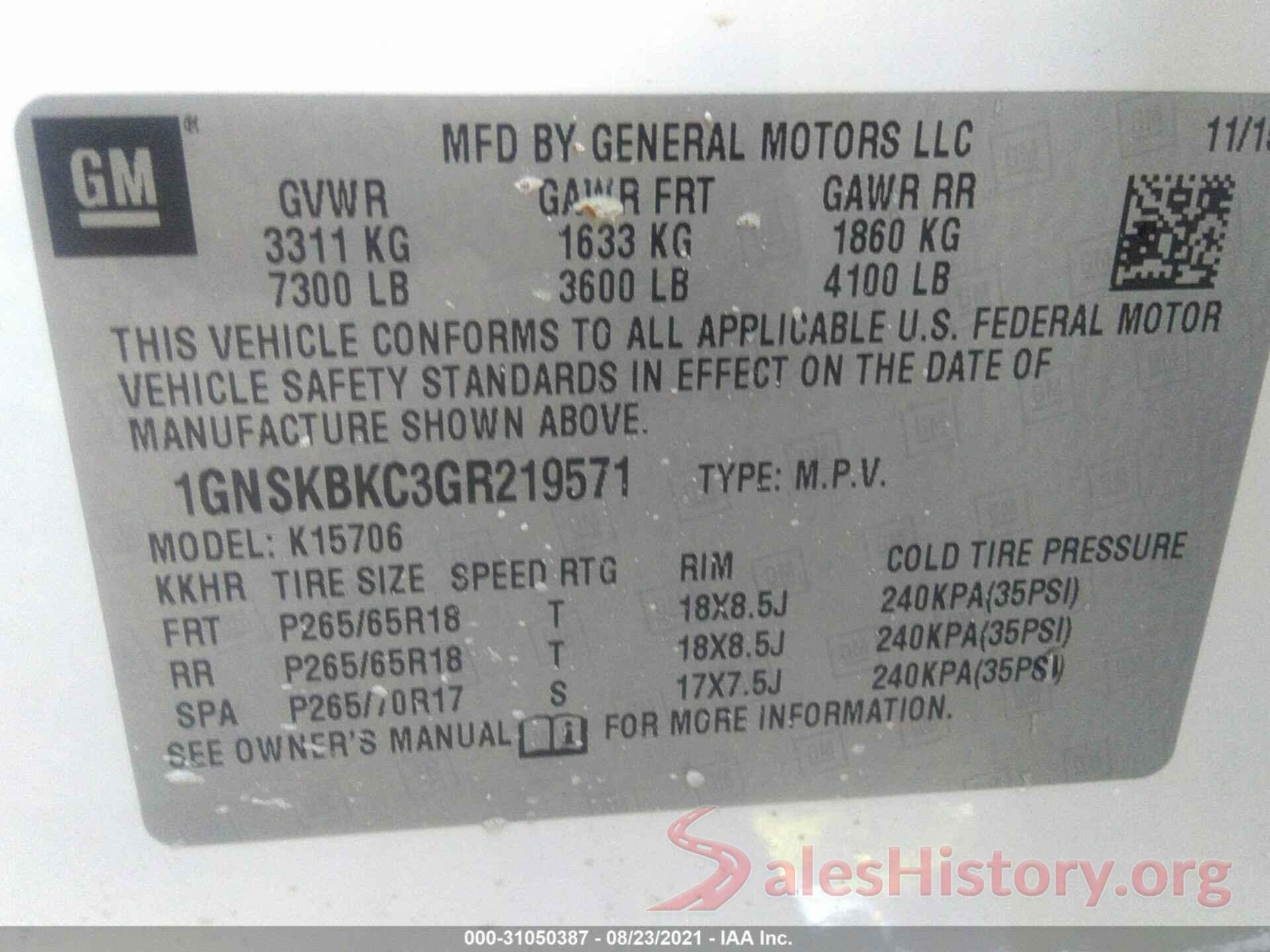 1GNSKBKC3GR219571 2016 CHEVROLET TAHOE