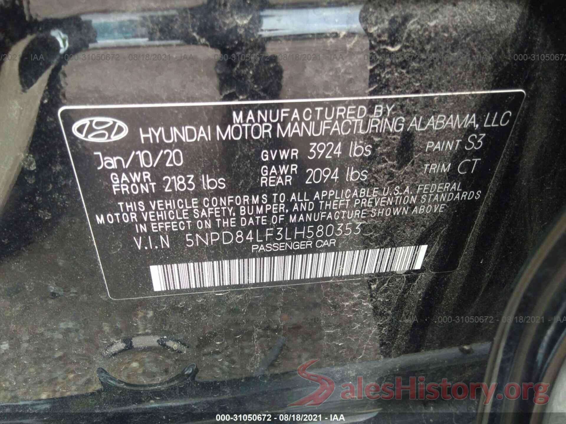 5NPD84LF3LH580353 2020 HYUNDAI ELANTRA