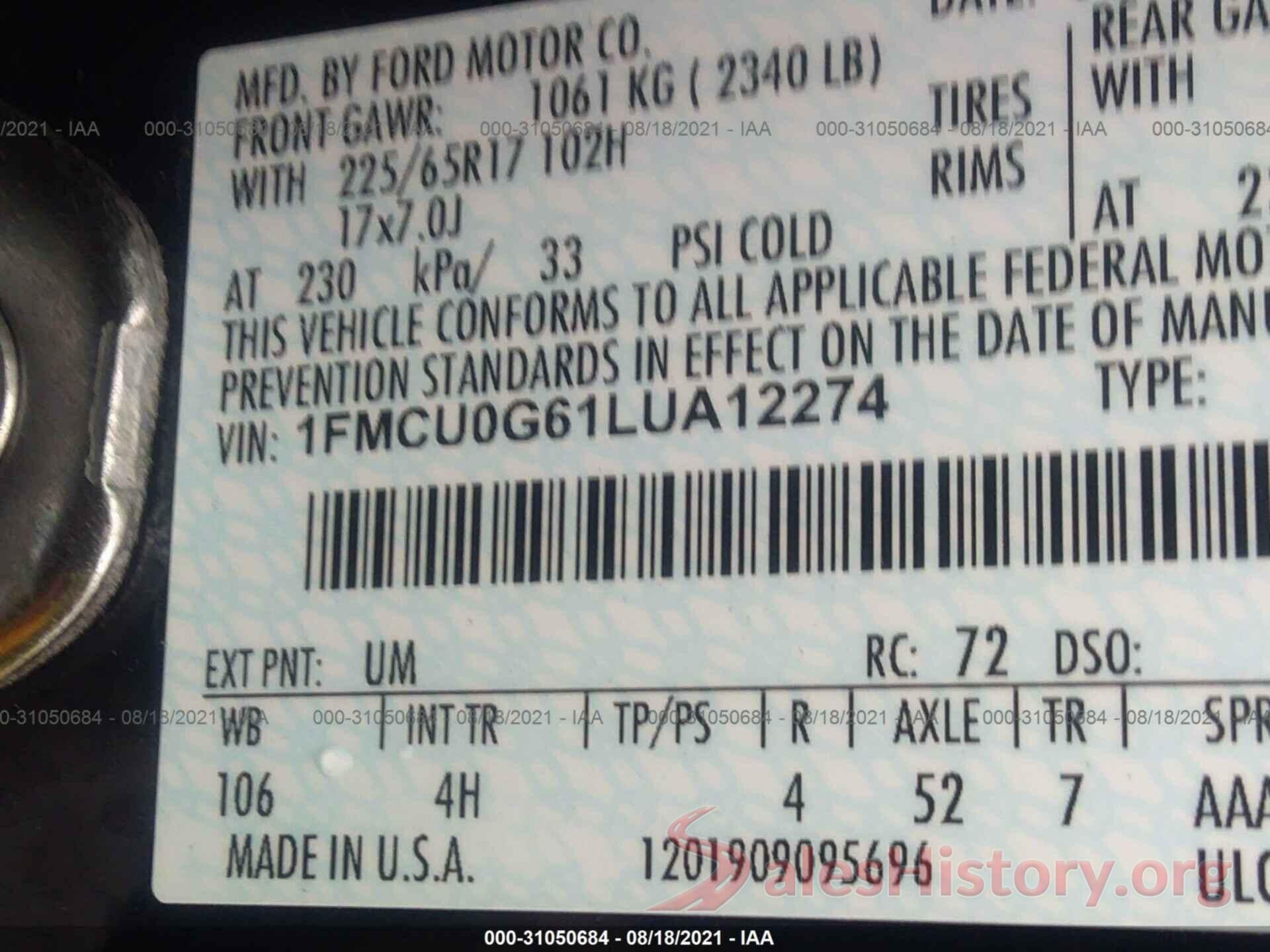 1FMCU0G61LUA12274 2020 FORD ESCAPE