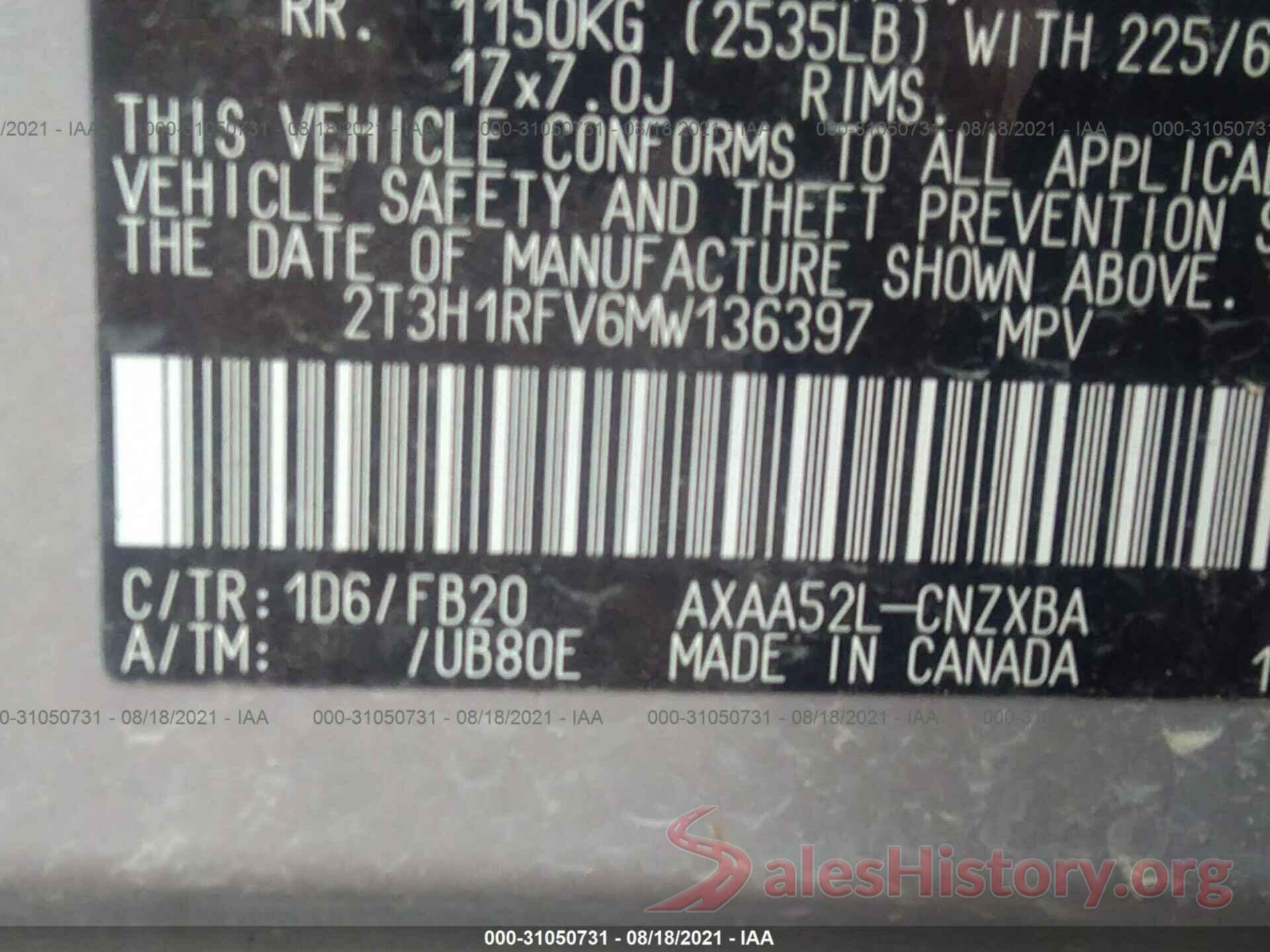 2T3H1RFV6MW136397 2021 TOYOTA RAV4