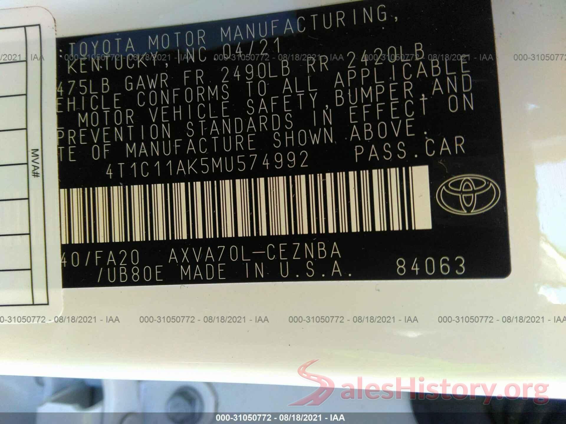 4T1C11AK5MU574992 2021 TOYOTA CAMRY