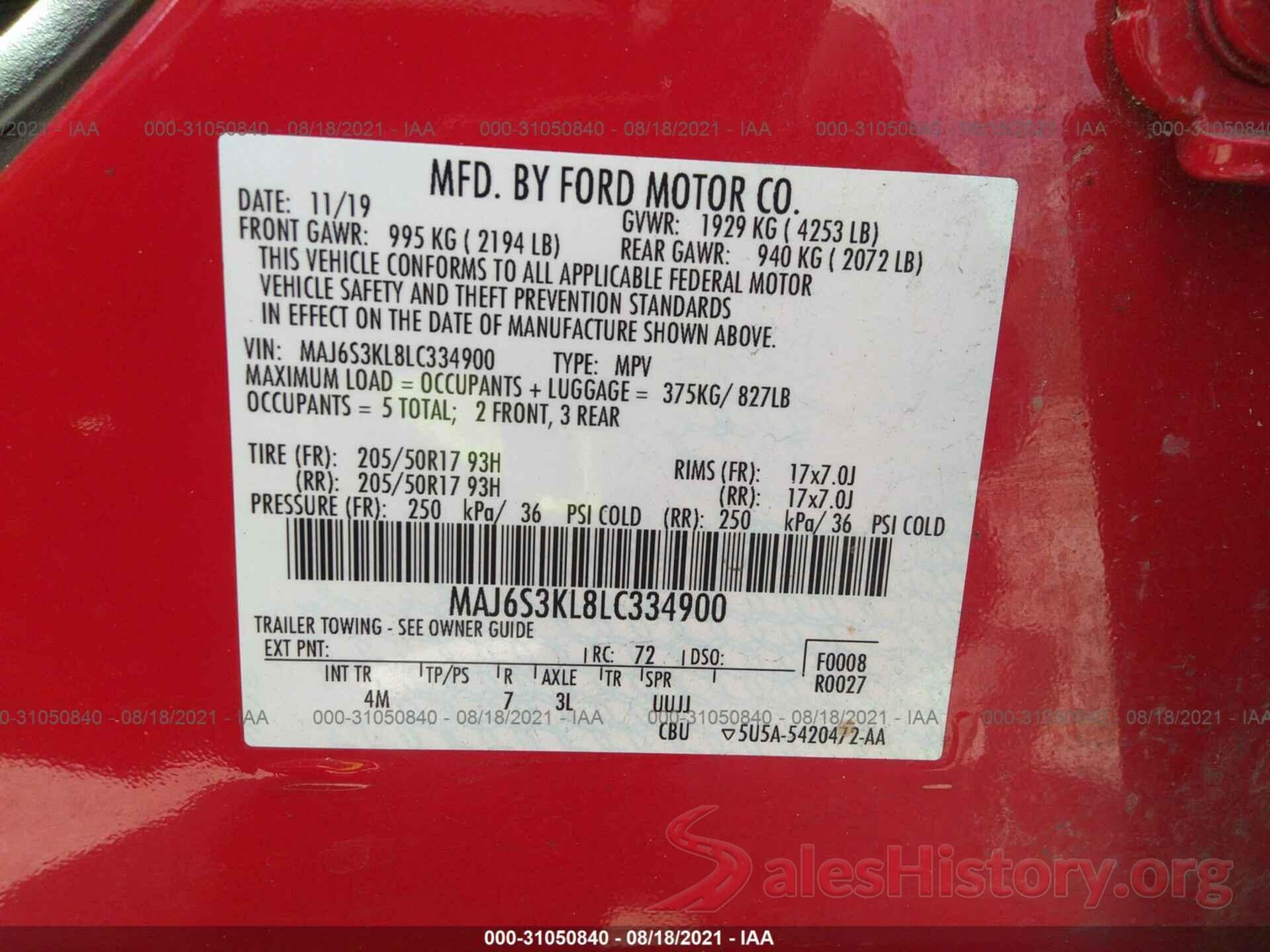 MAJ6S3KL8LC334900 2020 FORD ECOSPORT