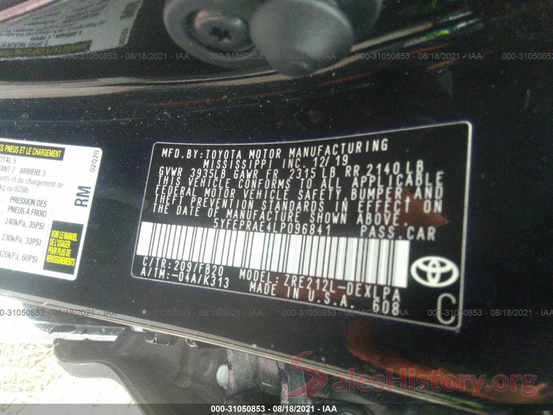 5YFEPRAE4LP096841 2020 TOYOTA COROLLA