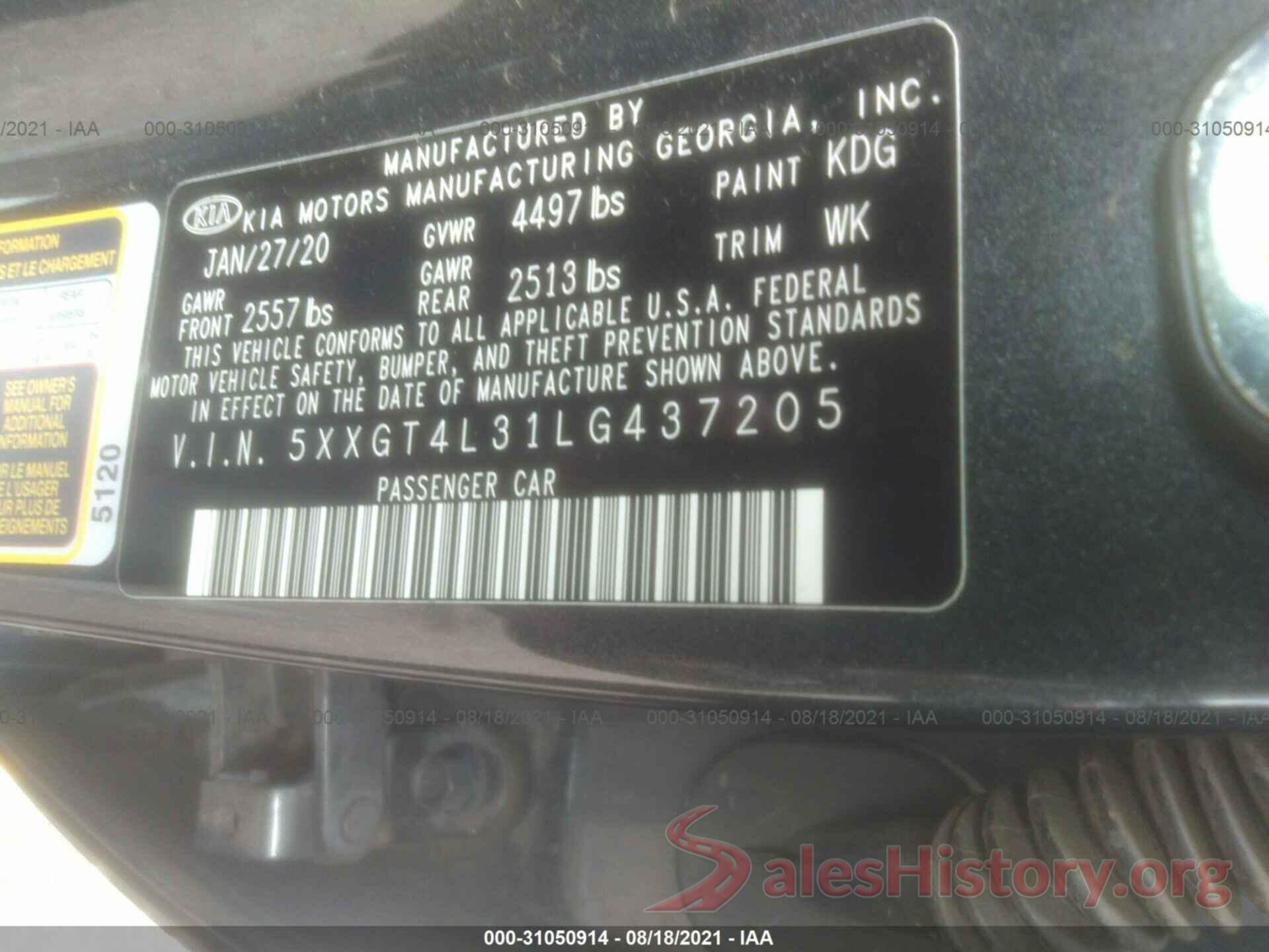 5XXGT4L31LG437205 2020 KIA OPTIMA