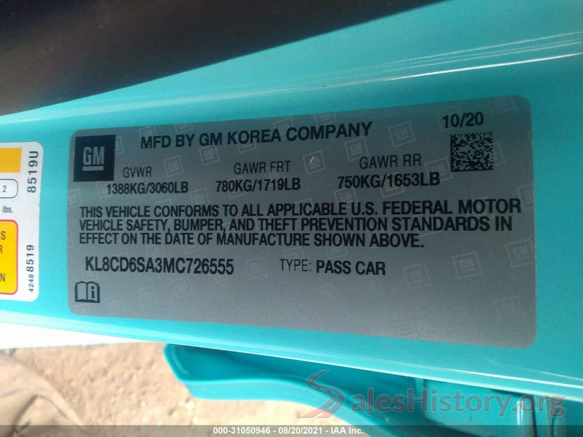 KL8CD6SA3MC726555 2021 CHEVROLET SPARK