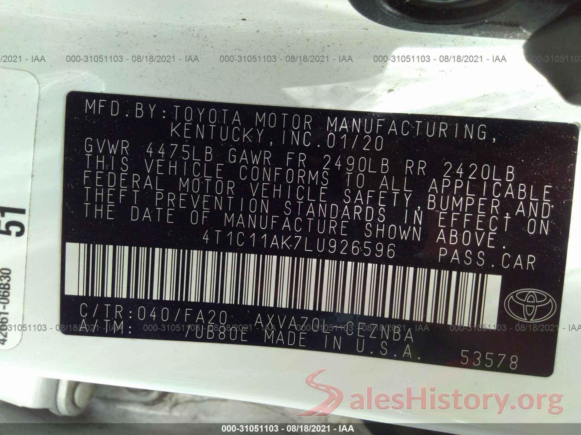 4T1C11AK7LU926596 2020 TOYOTA CAMRY