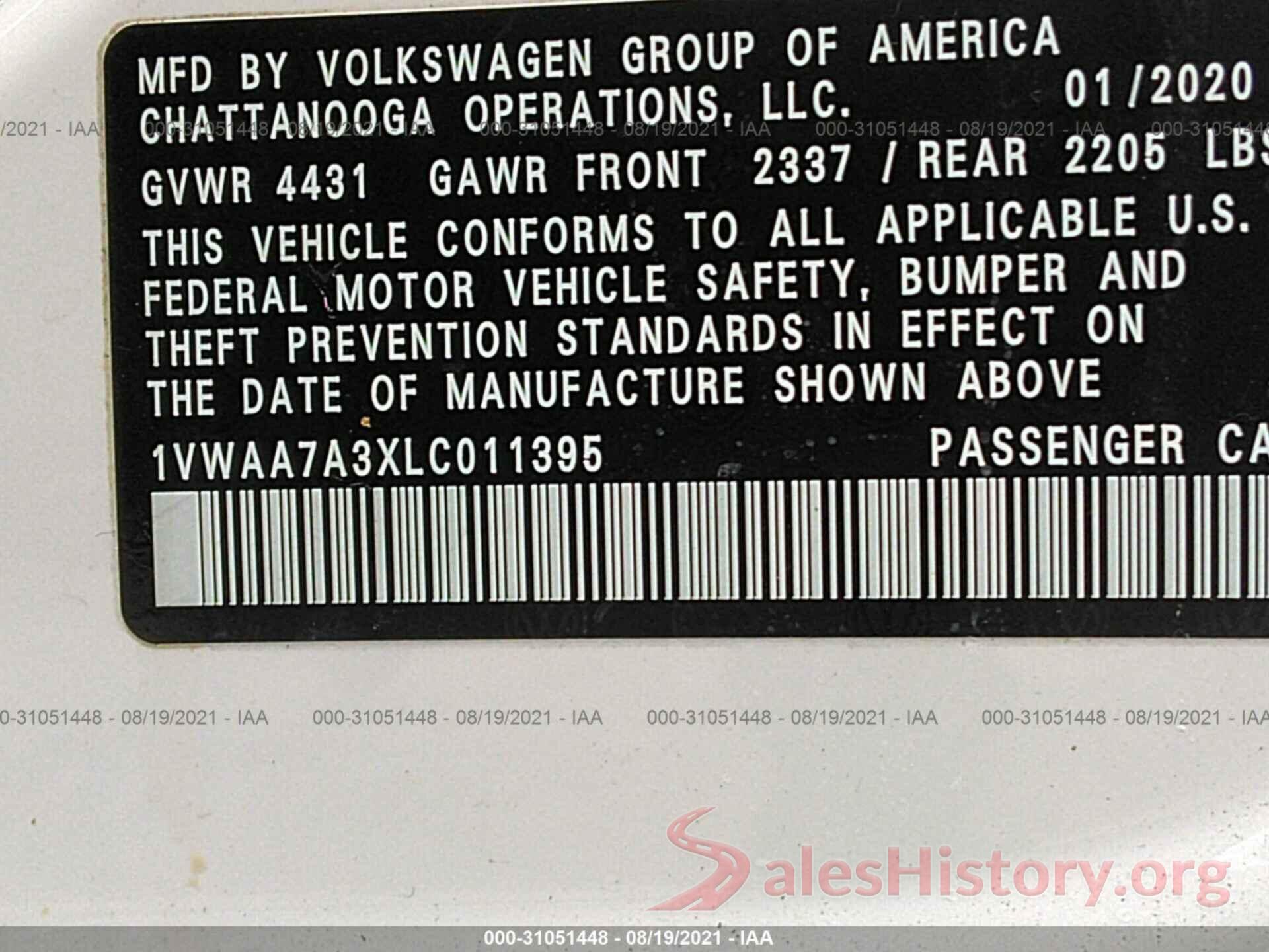 1VWAA7A3XLC011395 2020 VOLKSWAGEN PASSAT