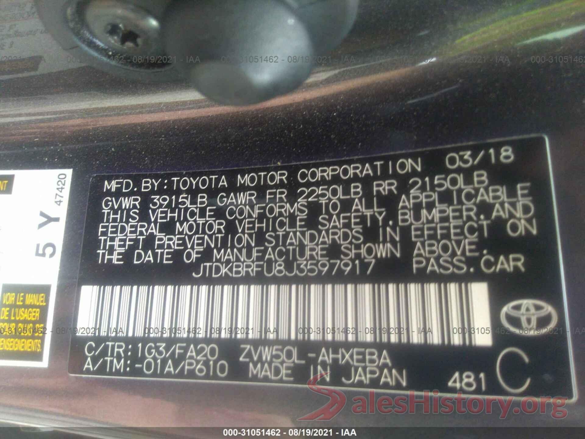 JTDKBRFU8J3597917 2018 TOYOTA PRIUS