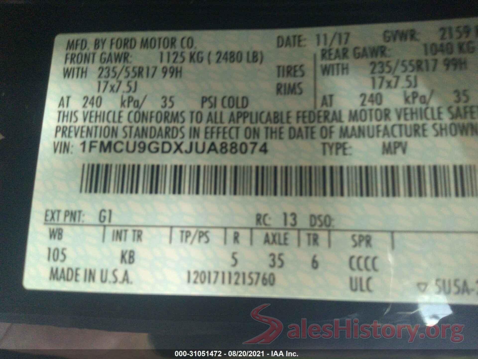 1FMCU9GDXJUA88074 2018 FORD ESCAPE