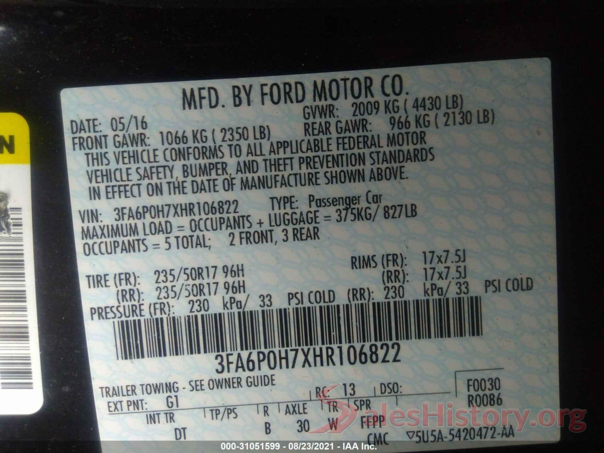 3FA6P0H7XHR106822 2017 FORD FUSION