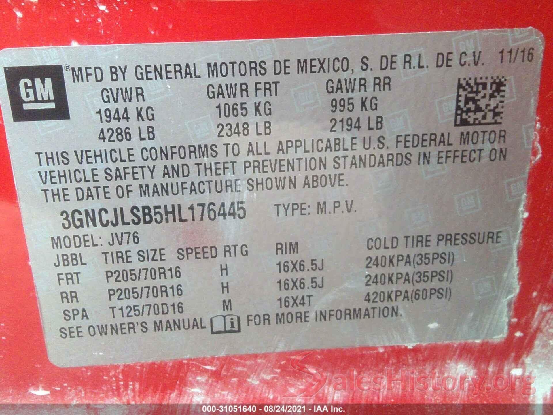 3GNCJLSB5HL176445 2017 CHEVROLET TRAX