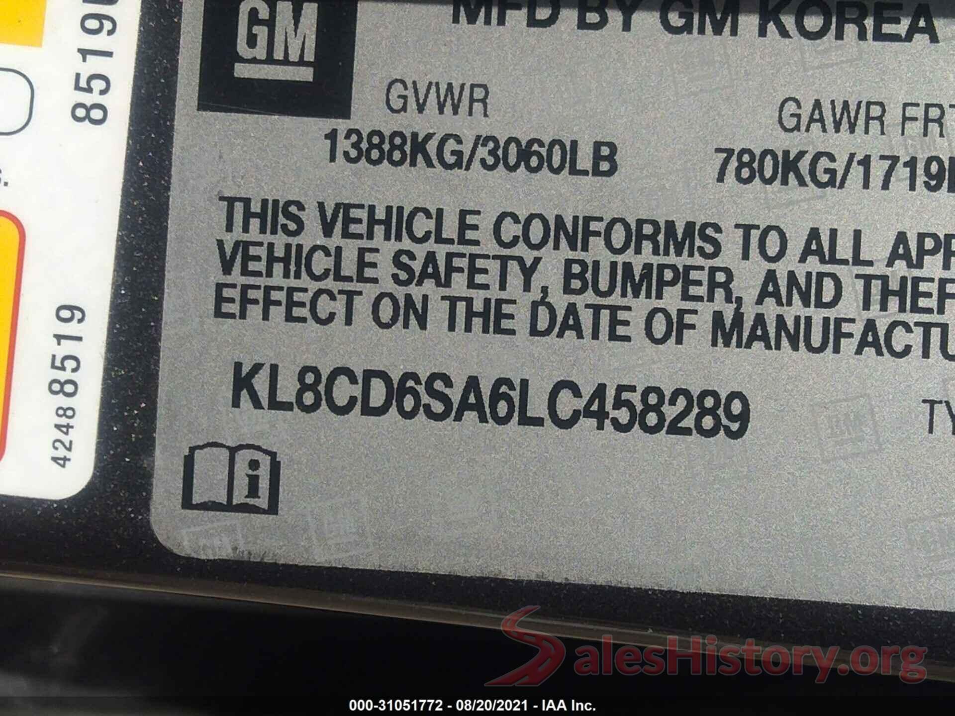 KL8CD6SA6LC458289 2020 CHEVROLET SPARK