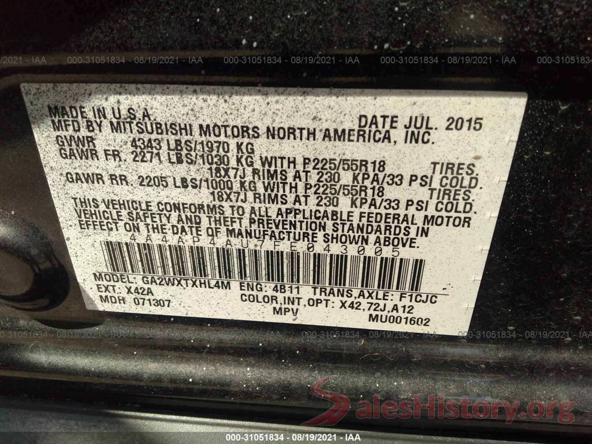 4A4AP4AU7FE043005 2015 MITSUBISHI OUTLANDER SPORT