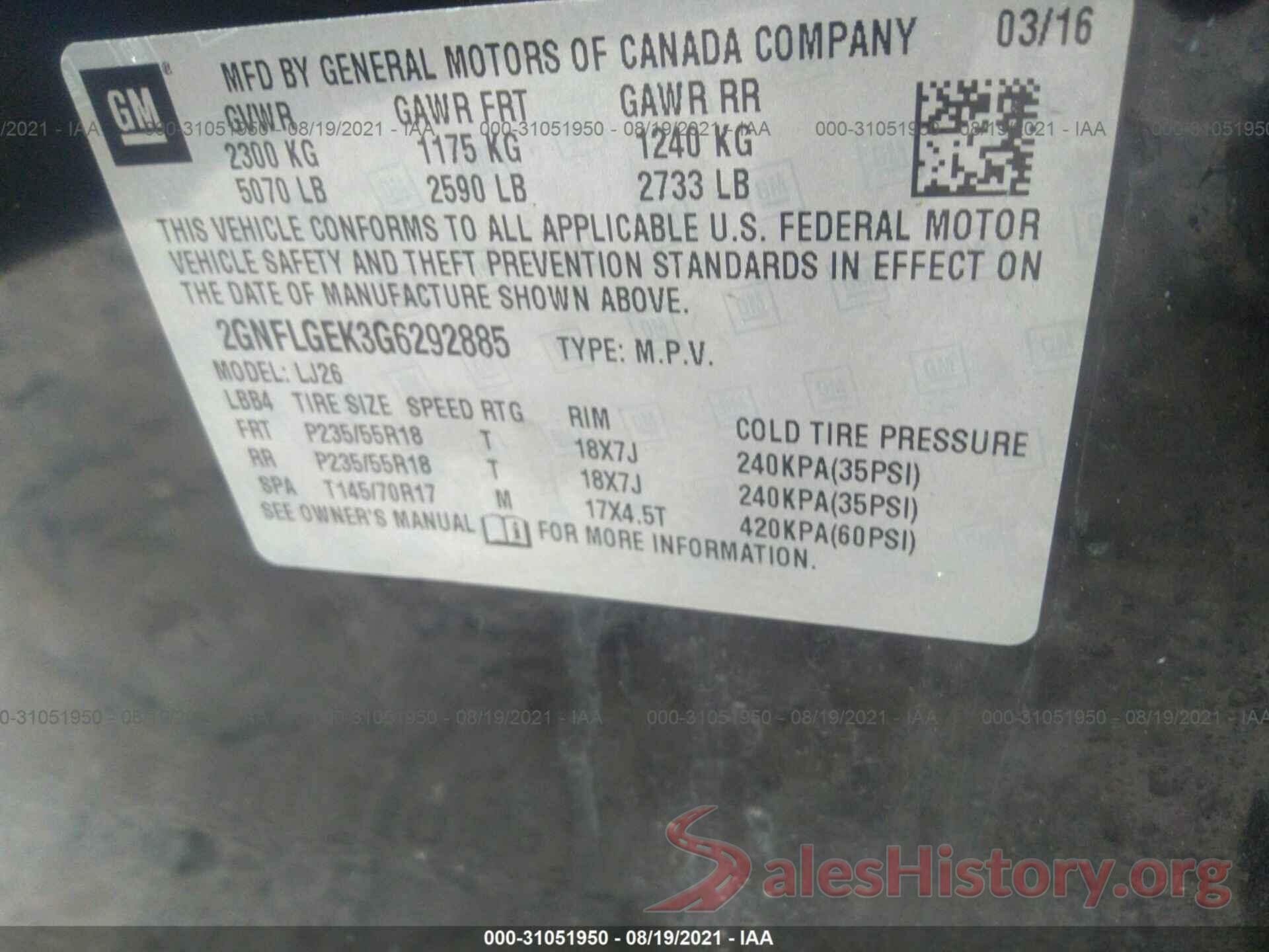 2GNFLGEK3G6292885 2016 CHEVROLET EQUINOX