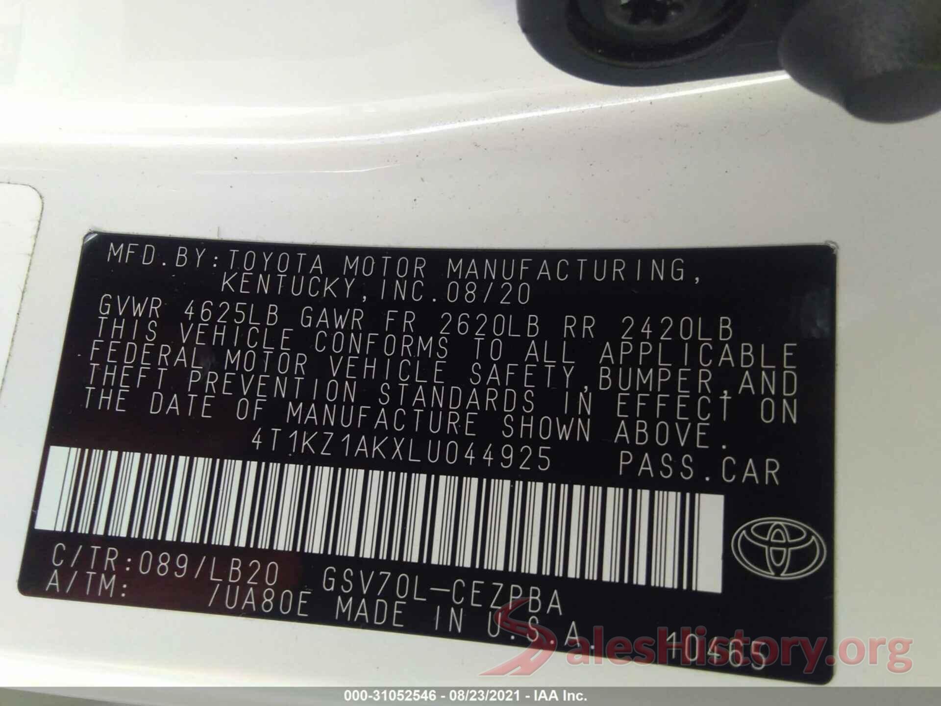 4T1KZ1AKXLU044925 2020 TOYOTA CAMRY