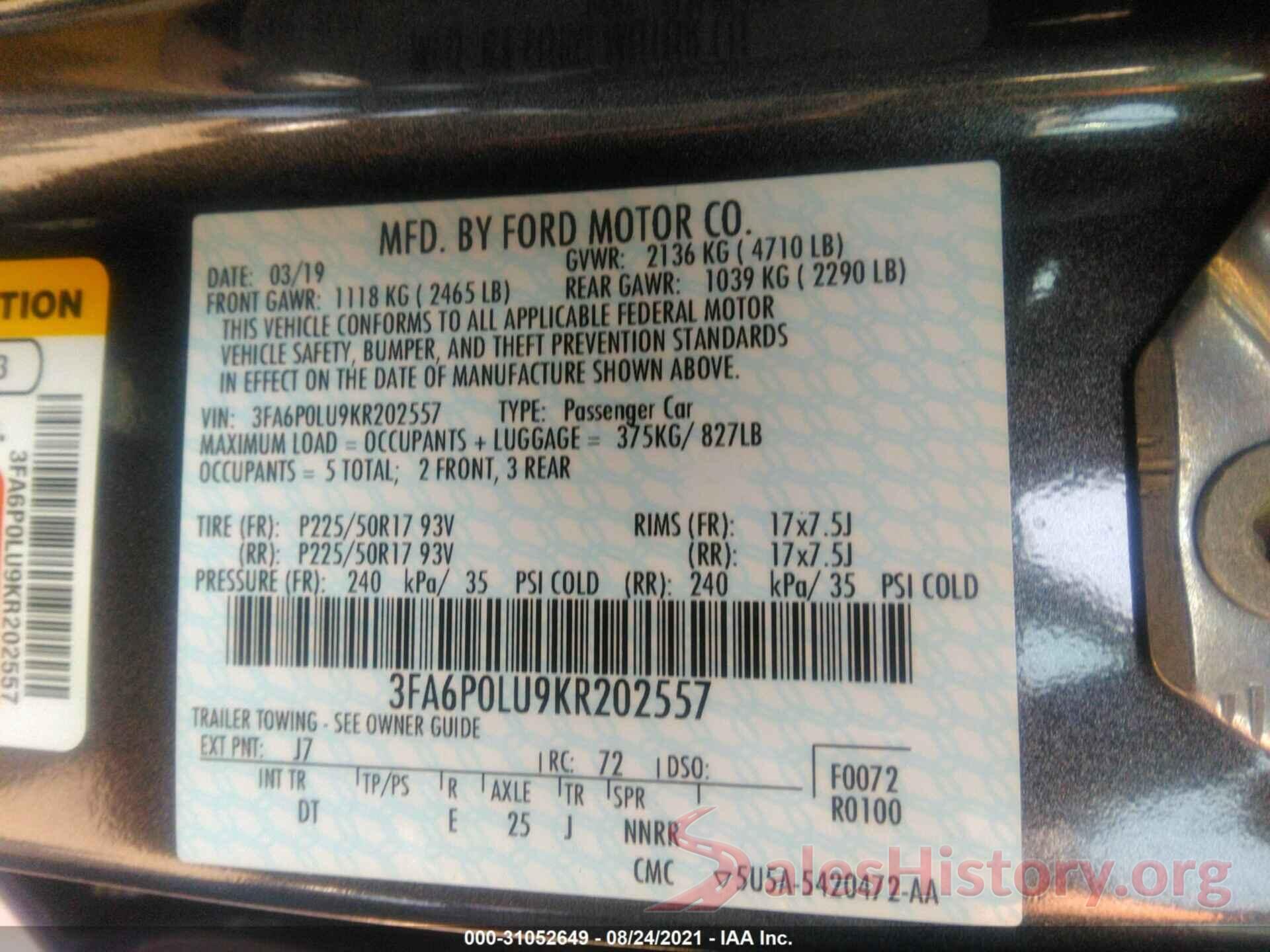 3FA6P0LU9KR202557 2019 FORD FUSION HYBRID