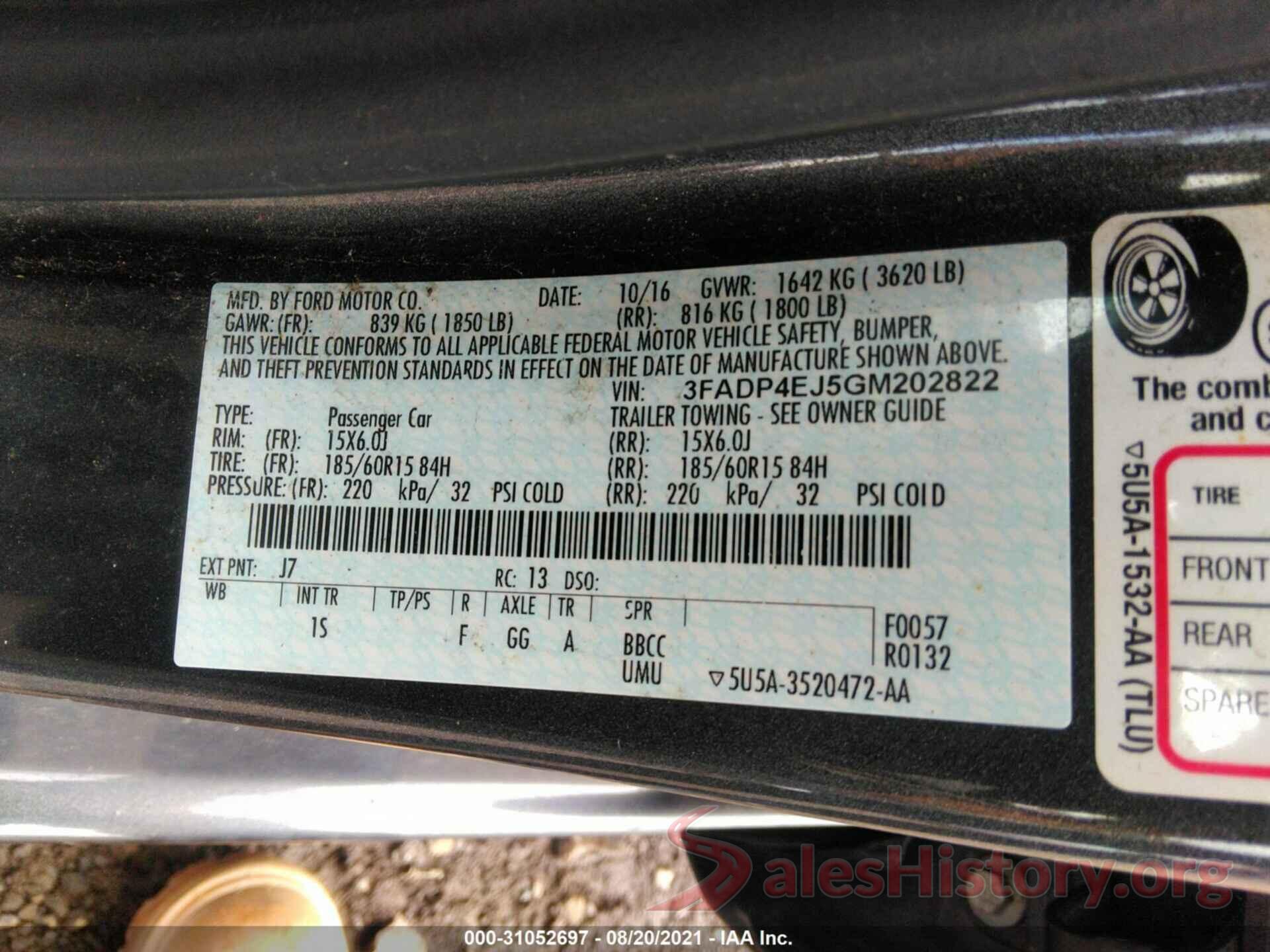 3FADP4EJ5GM202822 2016 FORD FIESTA