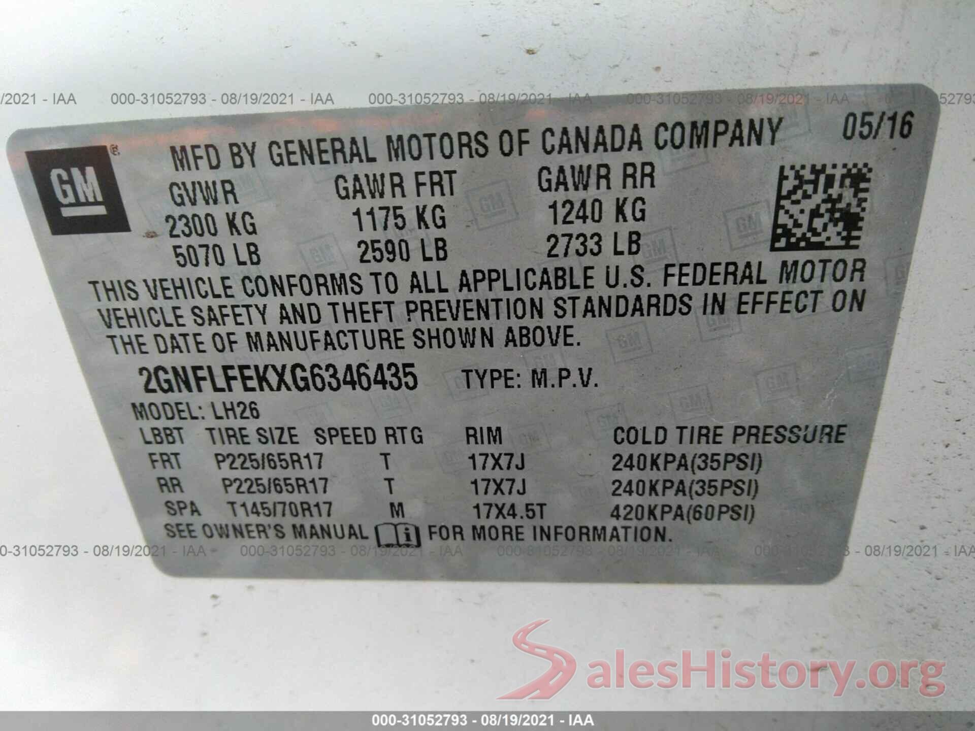 2GNFLFEKXG6346435 2016 CHEVROLET EQUINOX