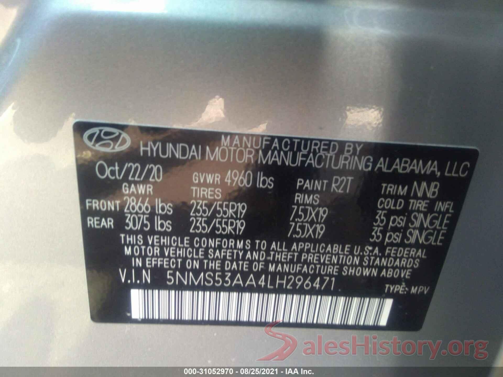 5NMS53AA4LH296471 2020 HYUNDAI SANTA FE