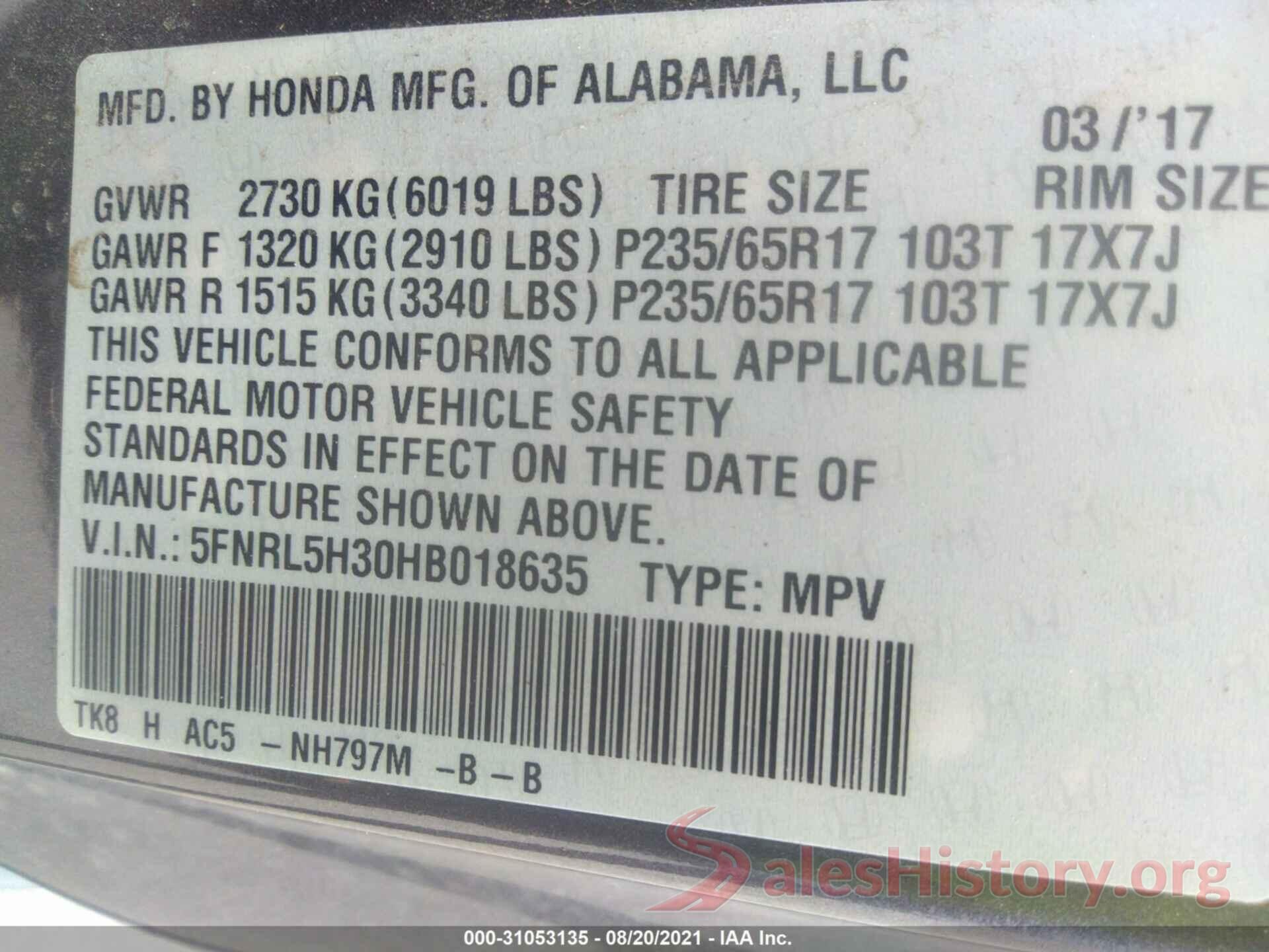 5FNRL5H30HB018635 2017 HONDA ODYSSEY