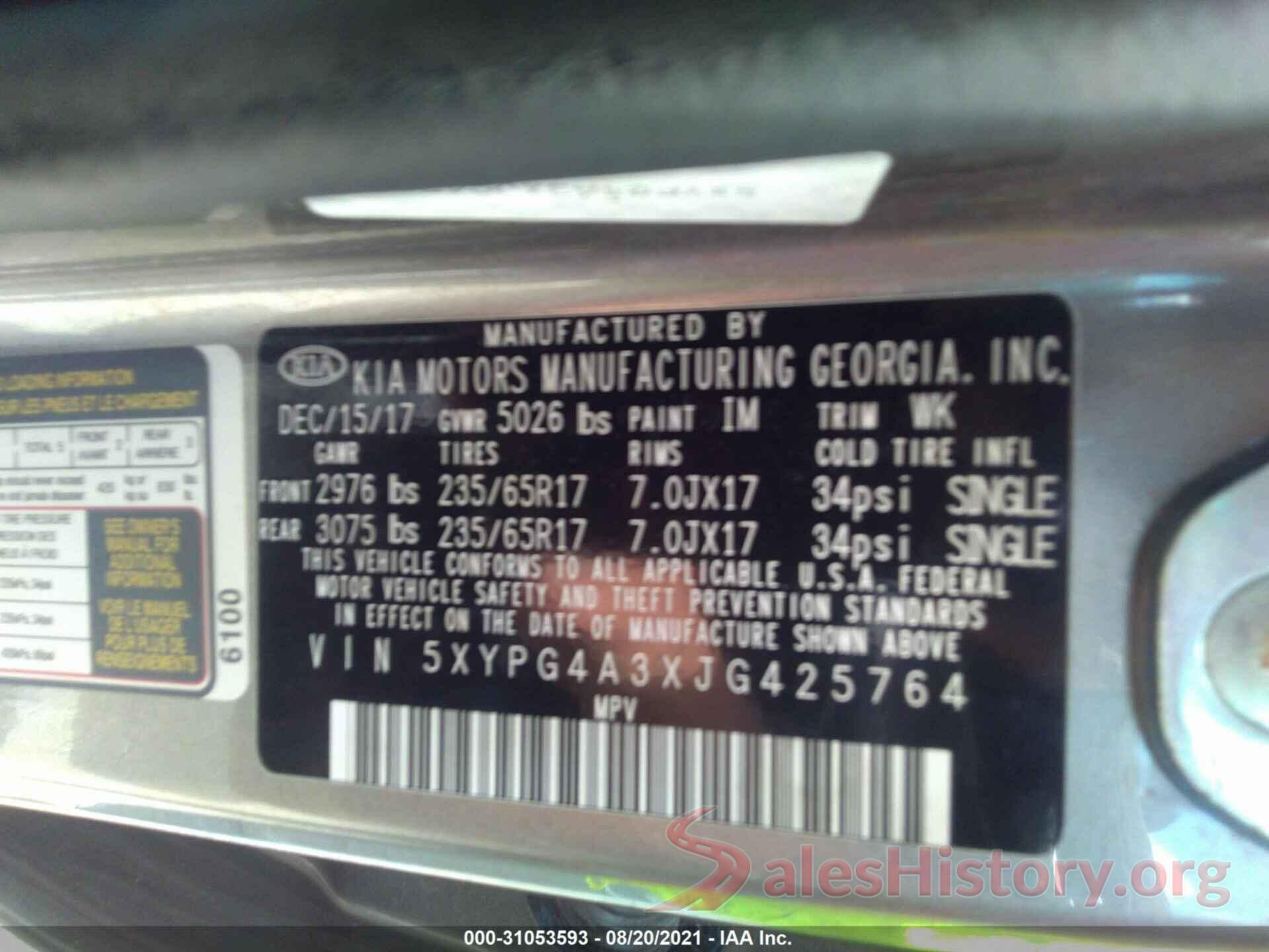 5XYPG4A3XJG425764 2018 KIA SORENTO