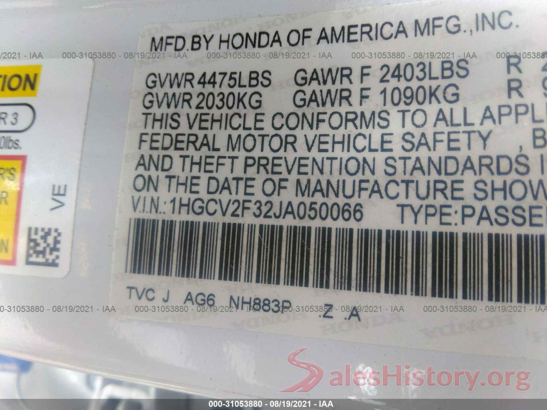 1HGCV2F32JA050066 2018 HONDA ACCORD SEDAN