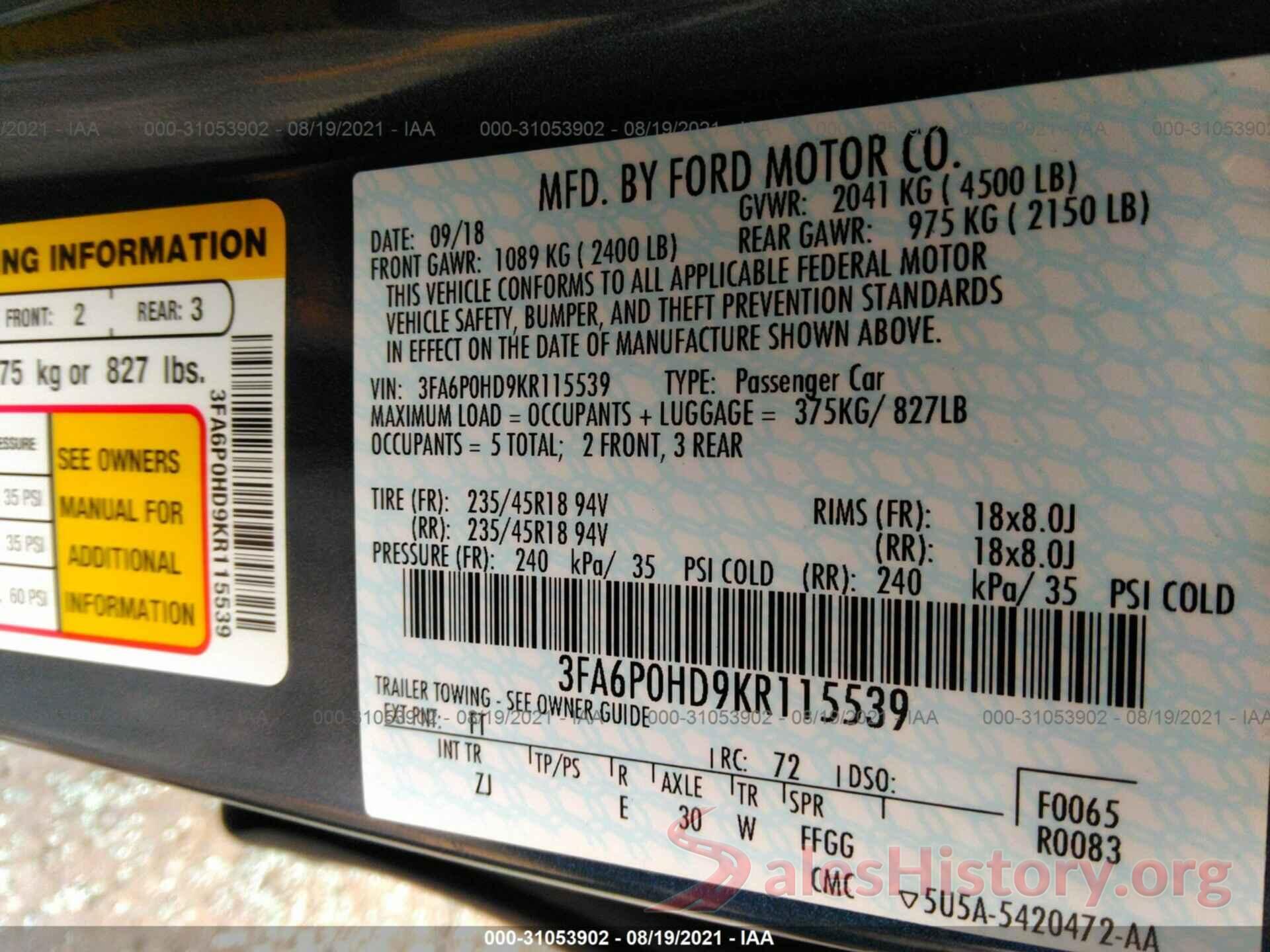 3FA6P0HD9KR115539 2019 FORD FUSION