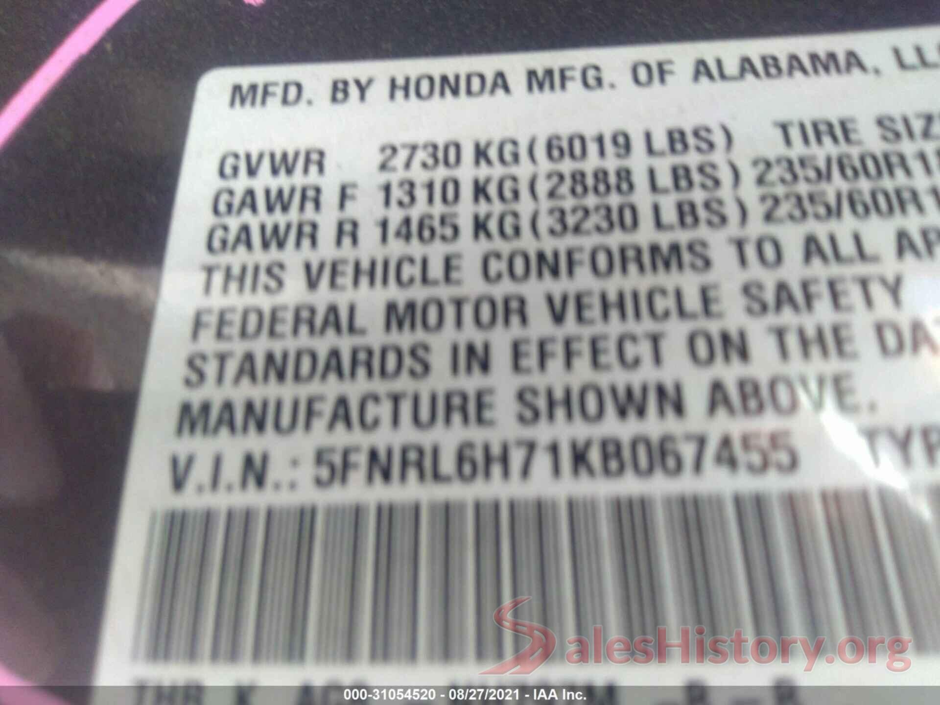 5FNRL6H71KB067455 2019 HONDA ODYSSEY