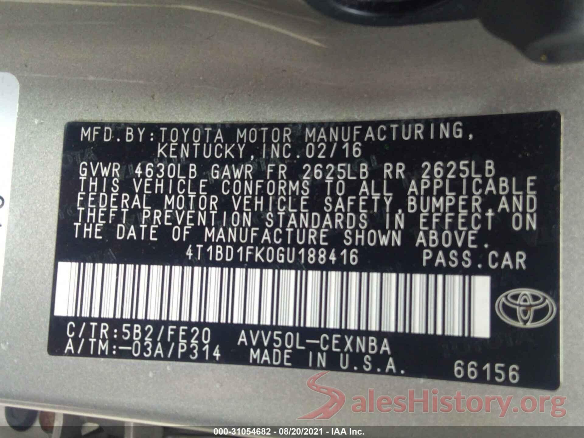 4T1BD1FK0GU188416 2016 TOYOTA CAMRY HYBRID