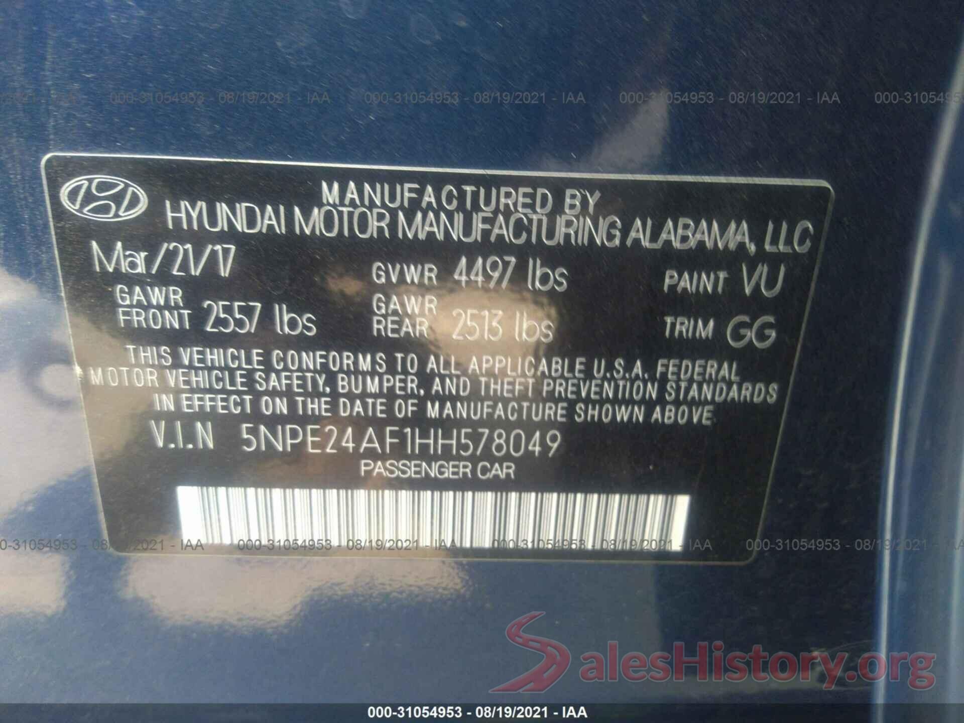 5NPE24AF1HH578049 2017 HYUNDAI SONATA