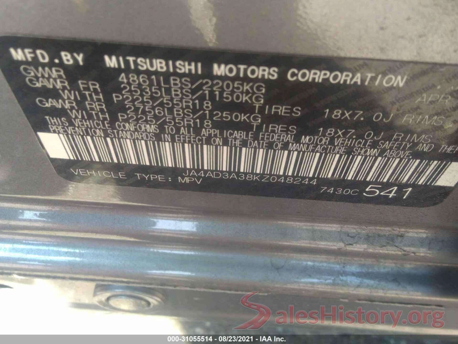 JA4AD3A38KZ048244 2019 MITSUBISHI OUTLANDER