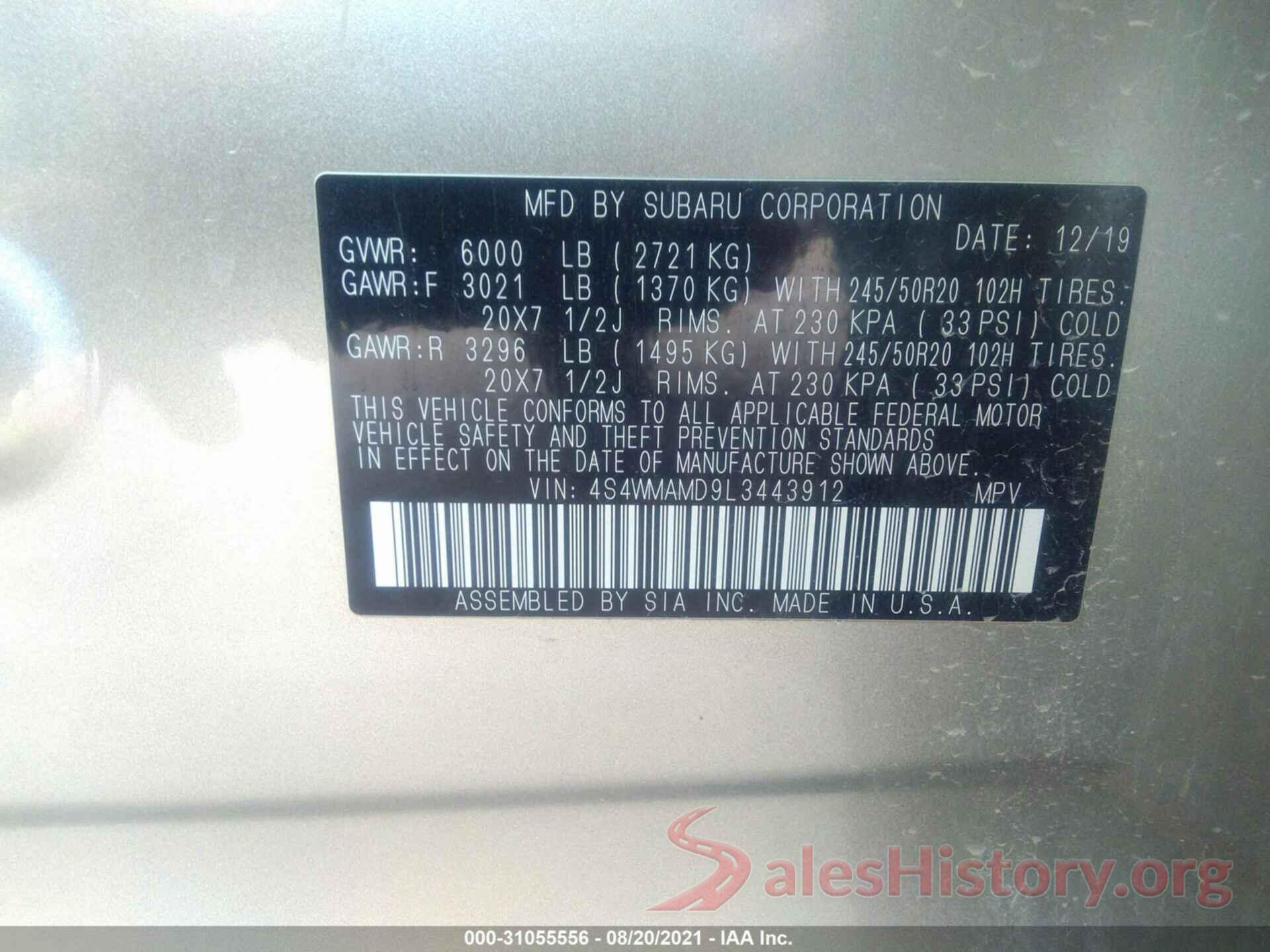 4S4WMAMD9L3443912 2020 SUBARU ASCENT