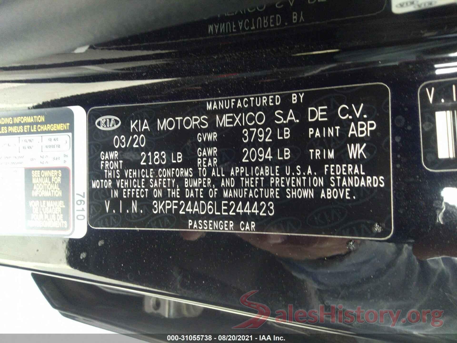 3KPF24AD6LE244423 2020 KIA FORTE