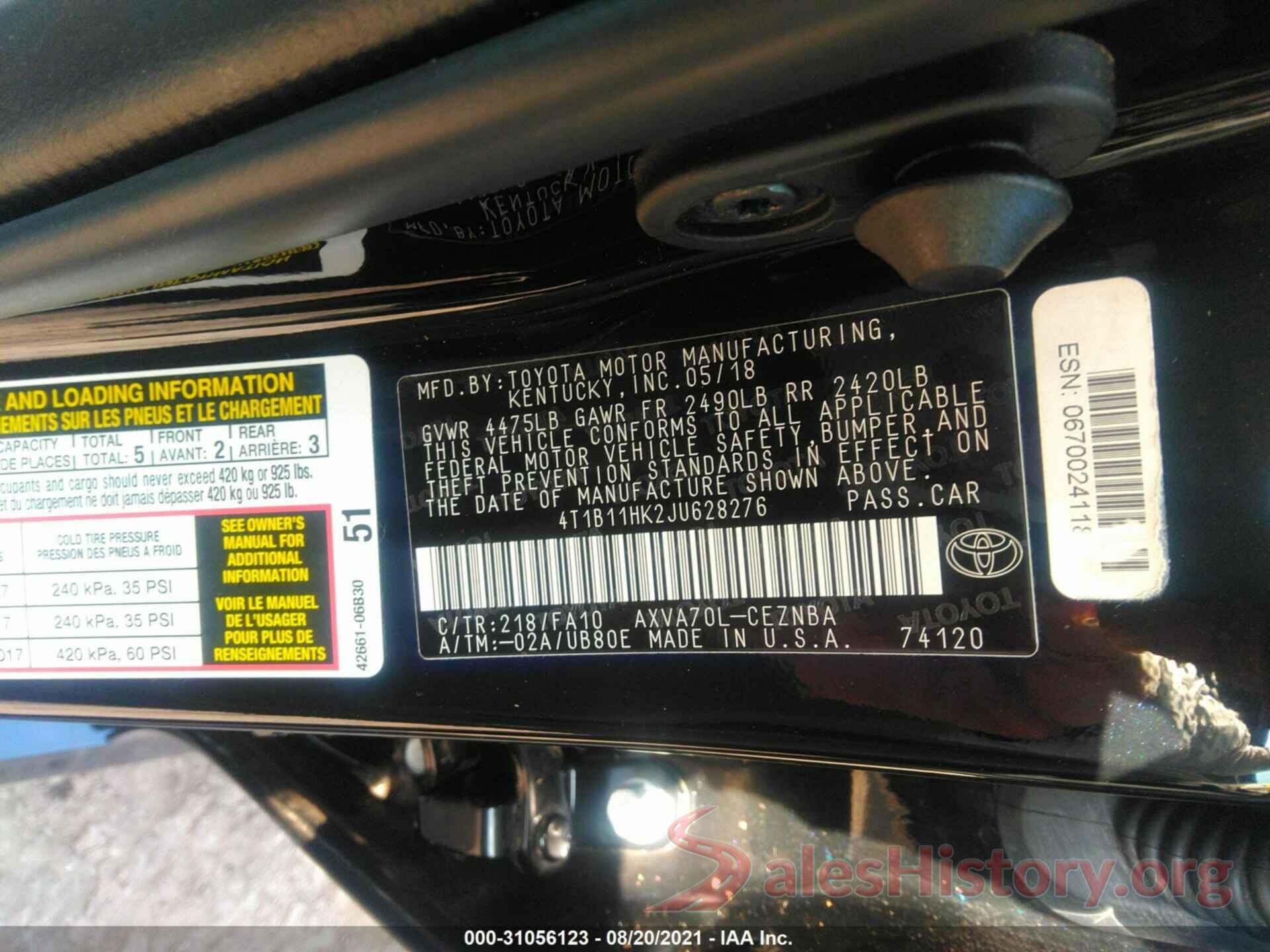 4T1B11HK2JU628276 2018 TOYOTA CAMRY