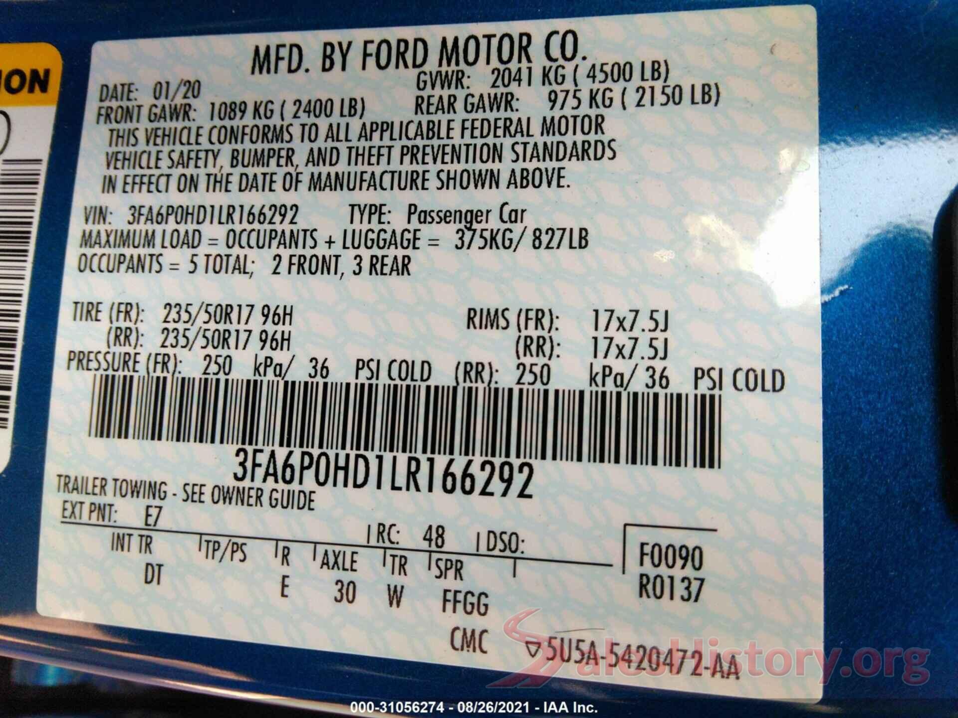 3FA6P0HD1LR166292 2020 FORD FUSION