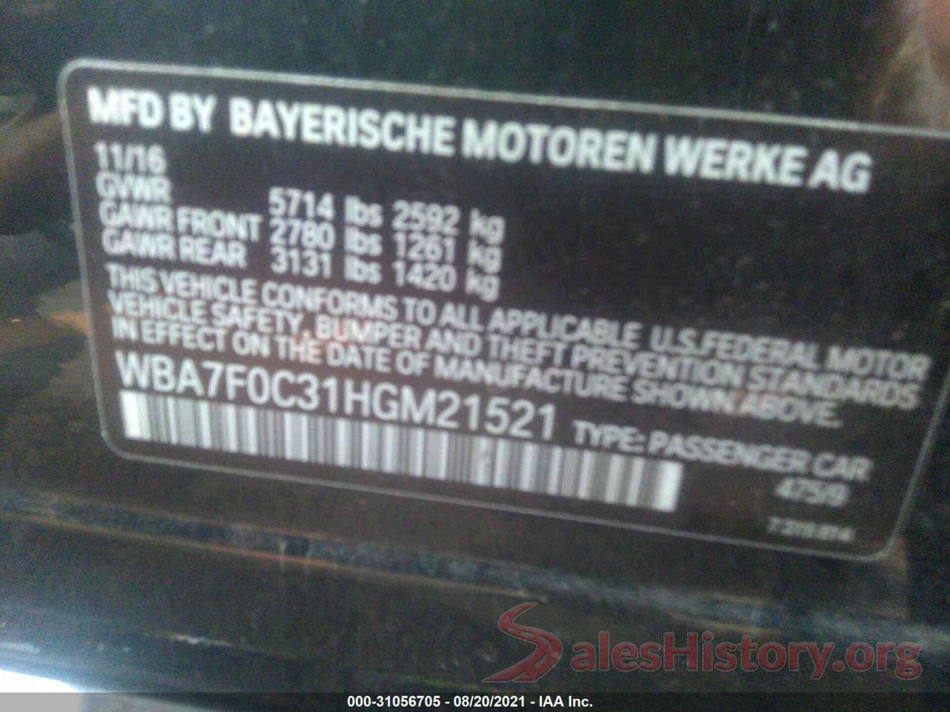 WBA7F0C31HGM21521 2017 BMW 7 SERIES