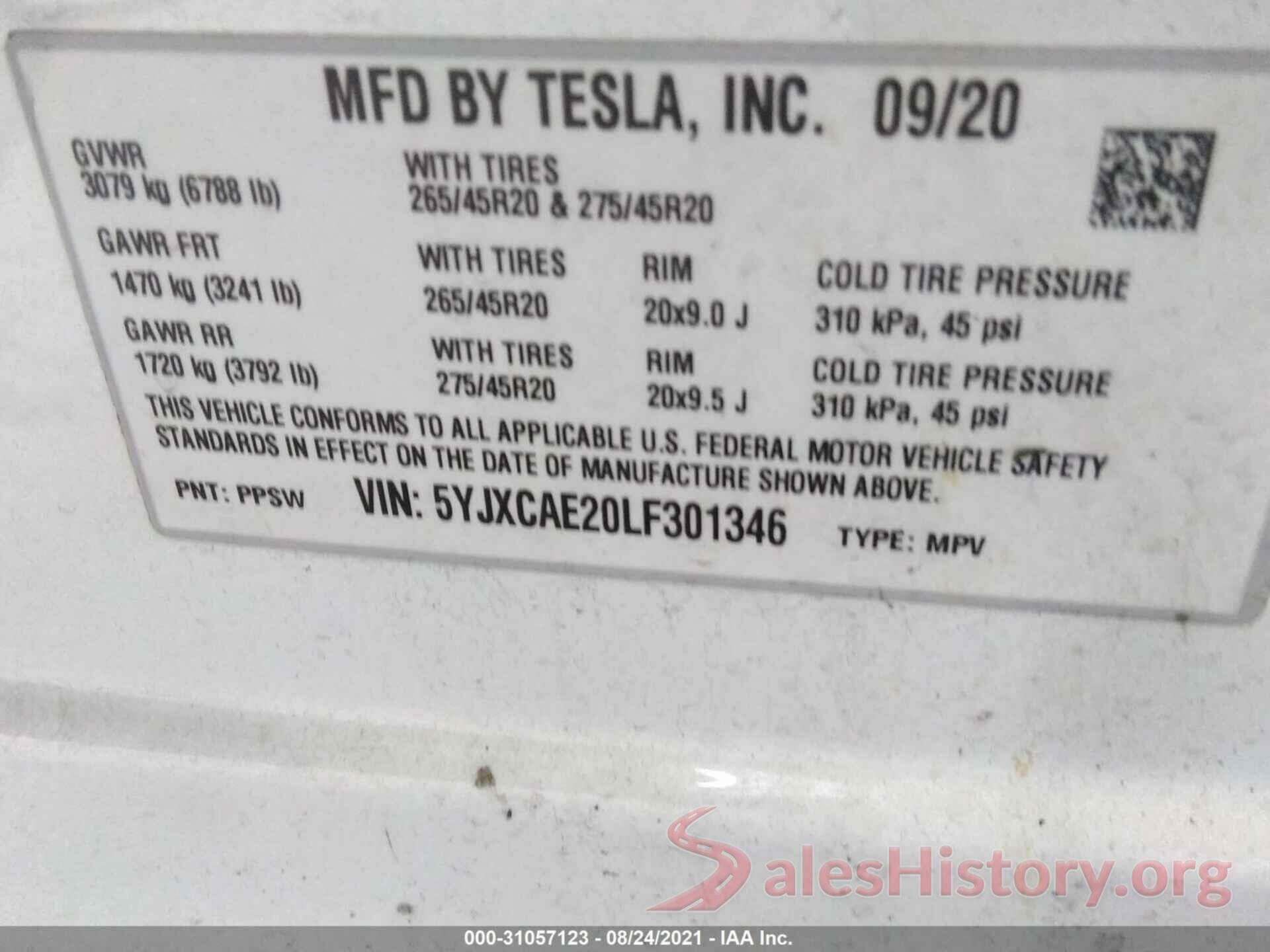 5YJXCAE20LF301346 2020 TESLA MODEL X