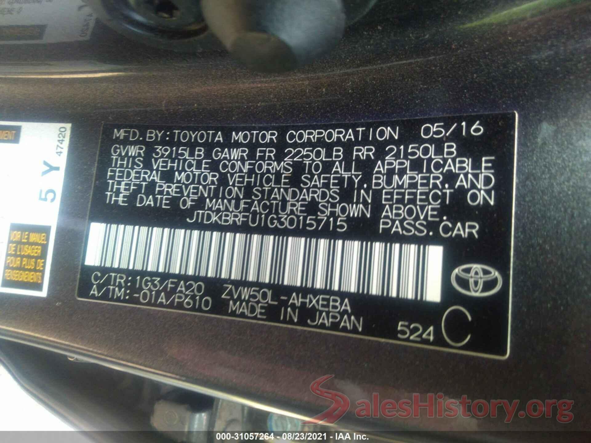 JTDKBRFU1G3015715 2016 TOYOTA PRIUS