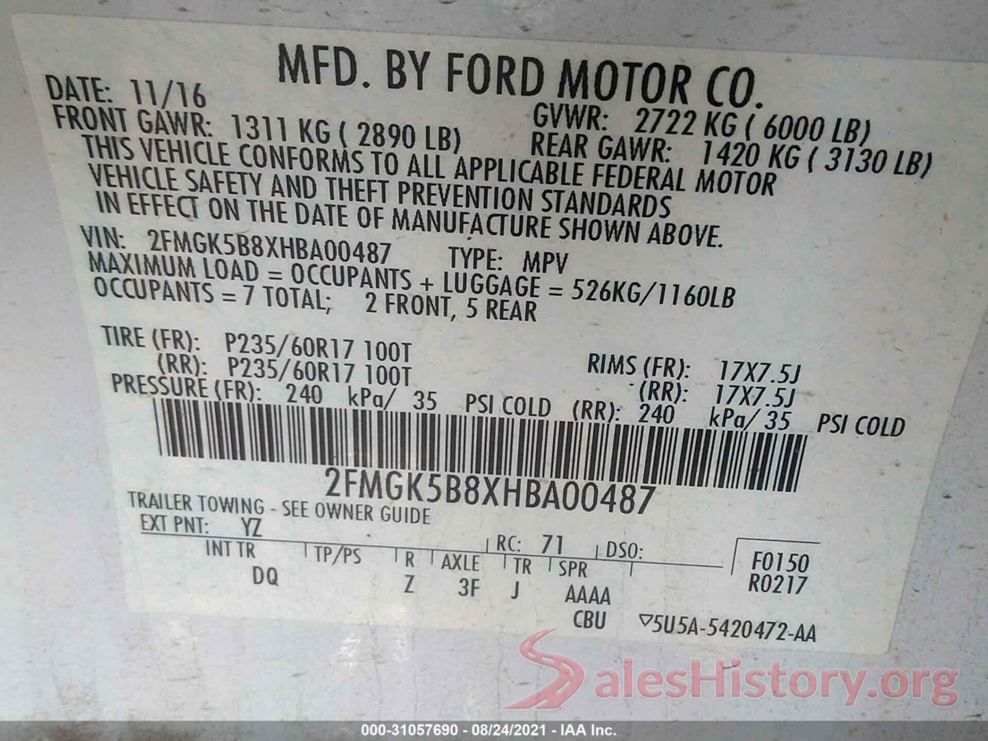 2FMGK5B8XHBA00487 2017 FORD FLEX