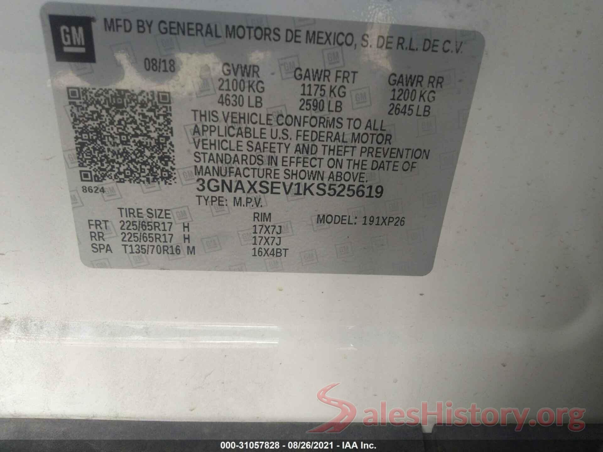 3GNAXSEV1KS525619 2019 CHEVROLET EQUINOX