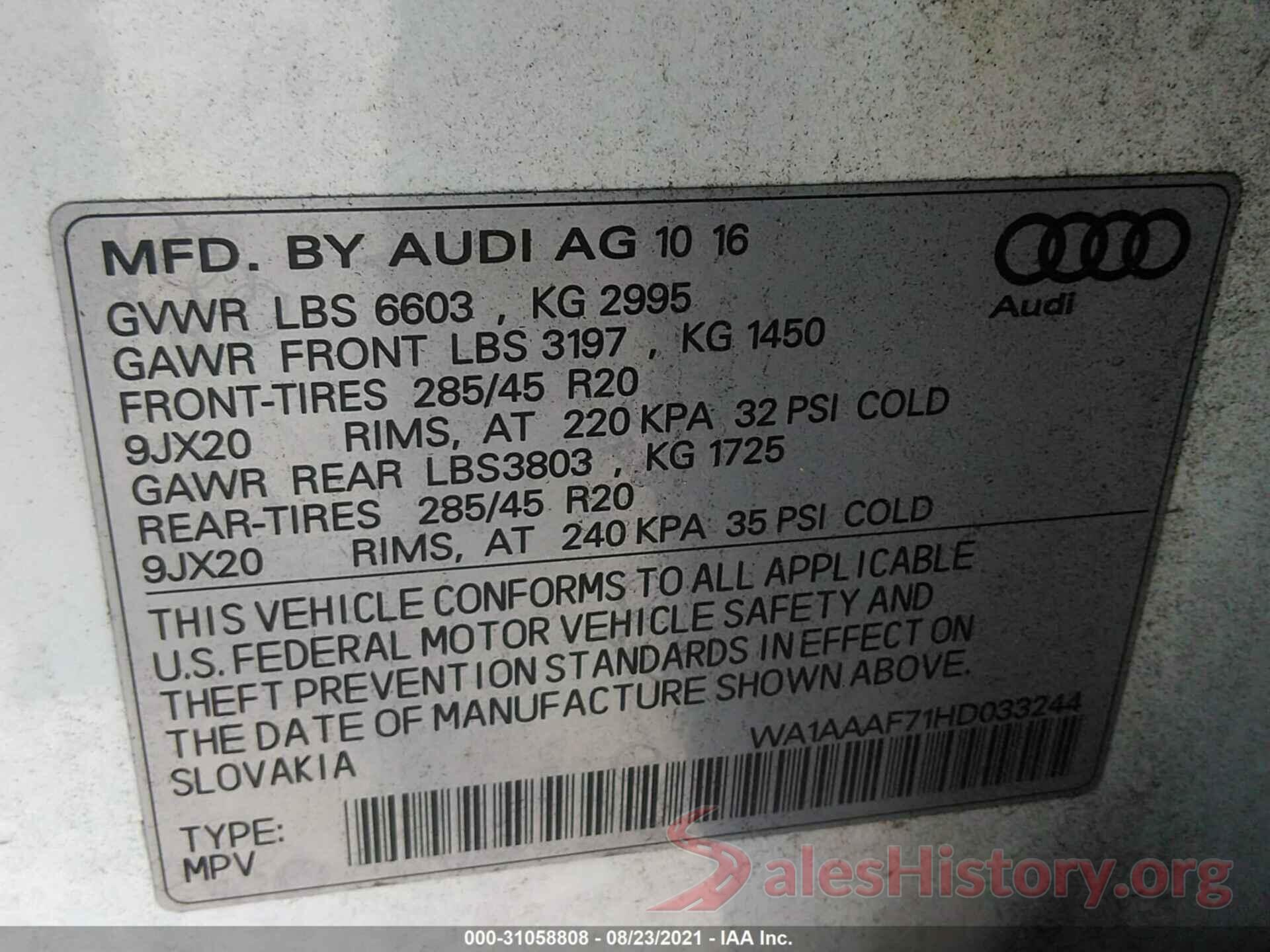 WA1AAAF71HD033244 2017 AUDI Q7