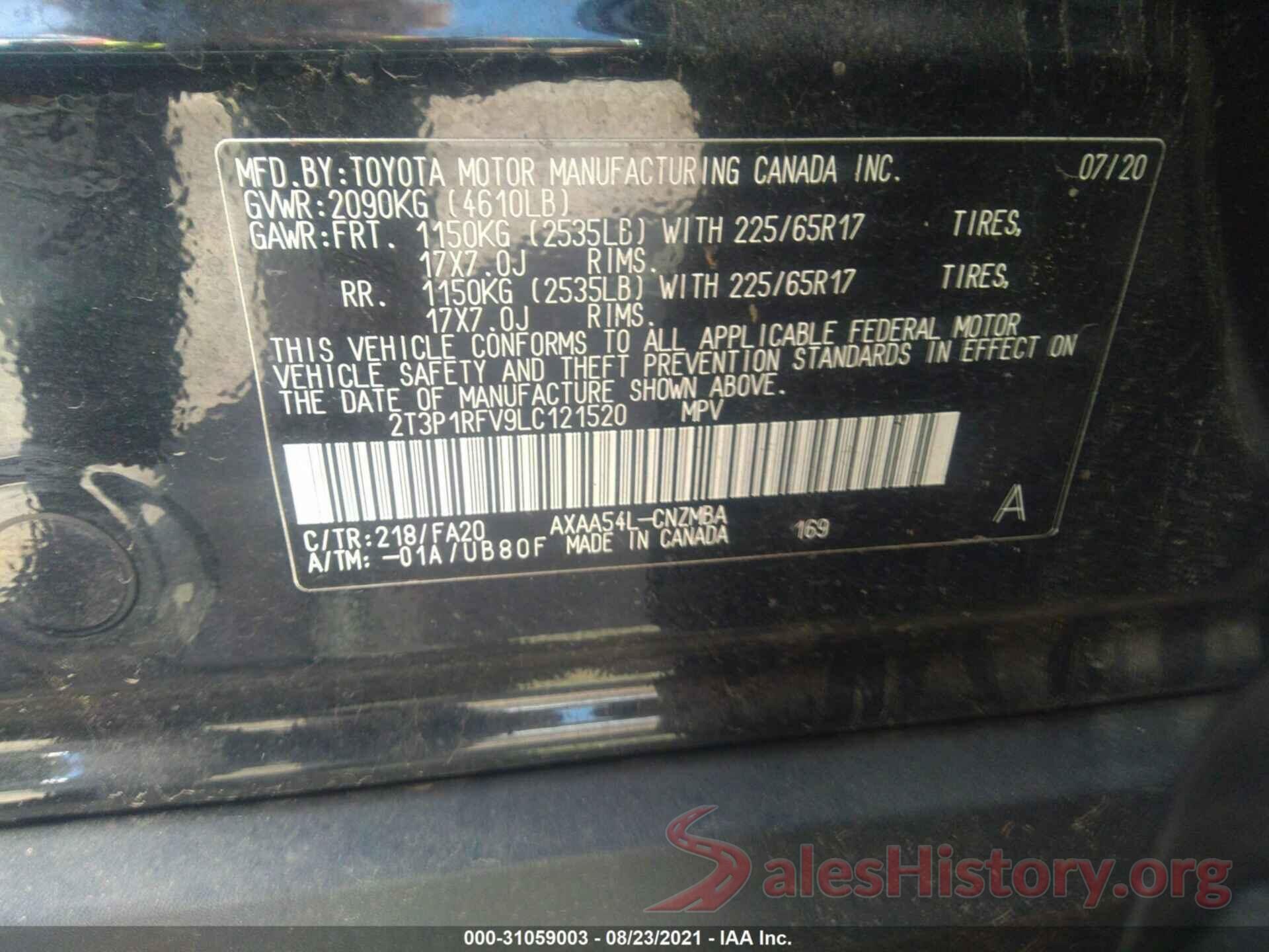 2T3P1RFV9LC121520 2020 TOYOTA RAV4